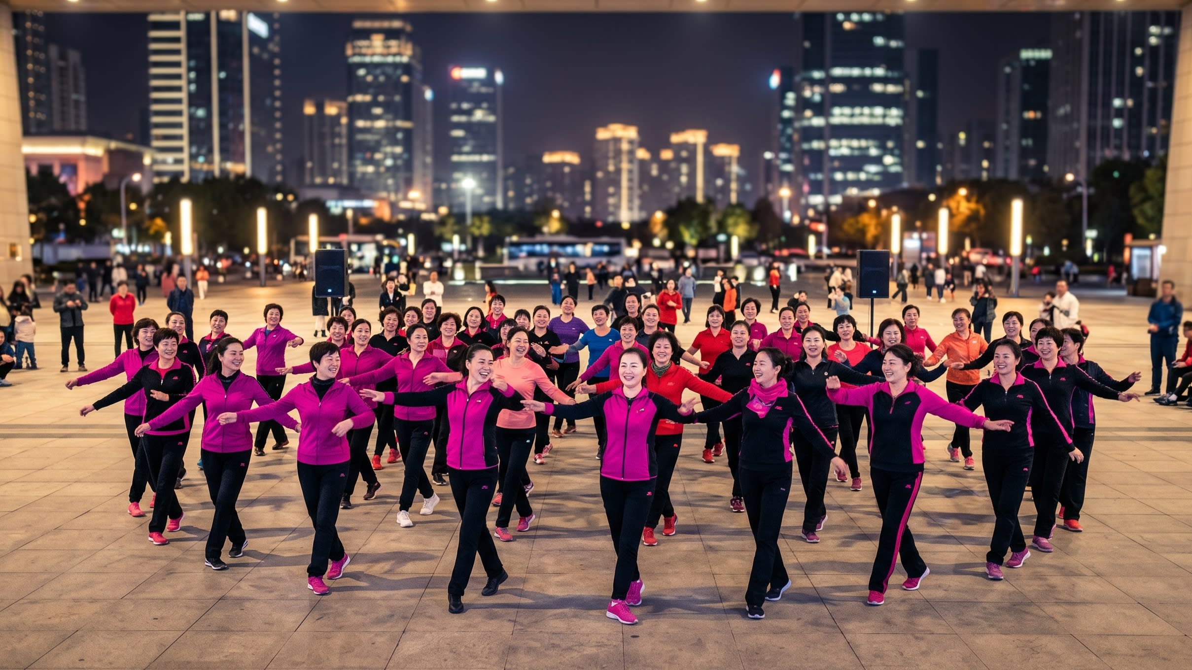 A dynamic night photography shot of a large group of middle-aged Chinese women performing synchronized square dancing in a brightly lit, modern urban plaza, with tall skyscrapers in the background (16:9 ratio)