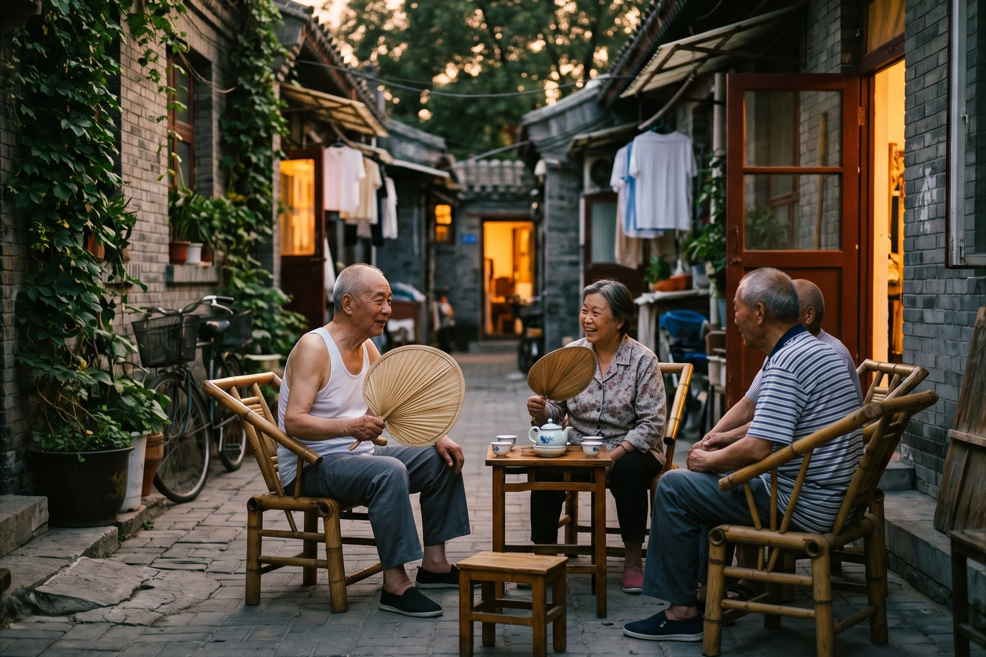 A warm, nostalgic photography shot of elderly Chinese people sitting on woven bamboo chairs in a traditional narrow alleyway during a summer evening, holding large palm-leaf fans (16:9 ratio)