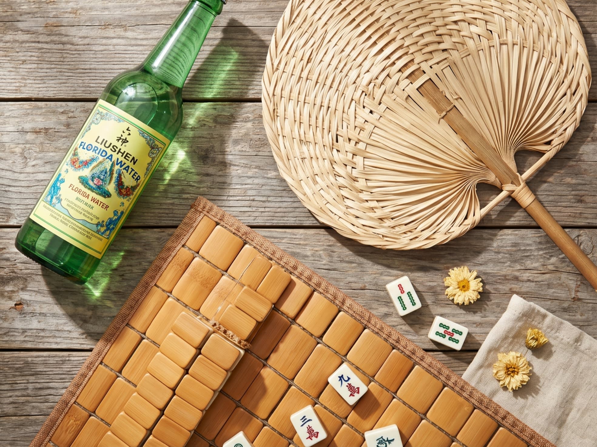 A beautifully styled flat lay of traditional Chinese summer cooling items on a wooden surface, including a green glass bottle of Florida water, a woven palm-leaf fan, and a section of a bamboo mahjong mat (16:9 ratio)