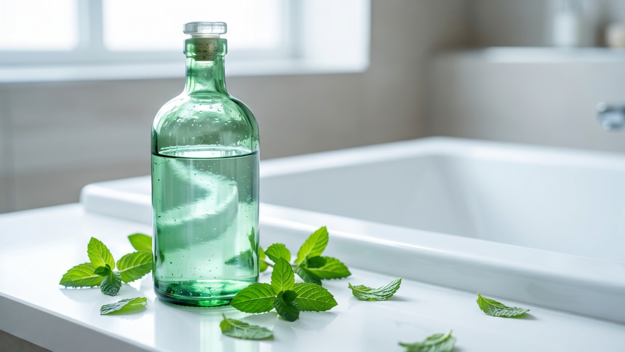 A close-up shot of a classic, vintage-style green glass bottle of Liushen Florida Water resting beside a porcelain bathtub, with mint leaves scattered nearby (16:9 ratio)