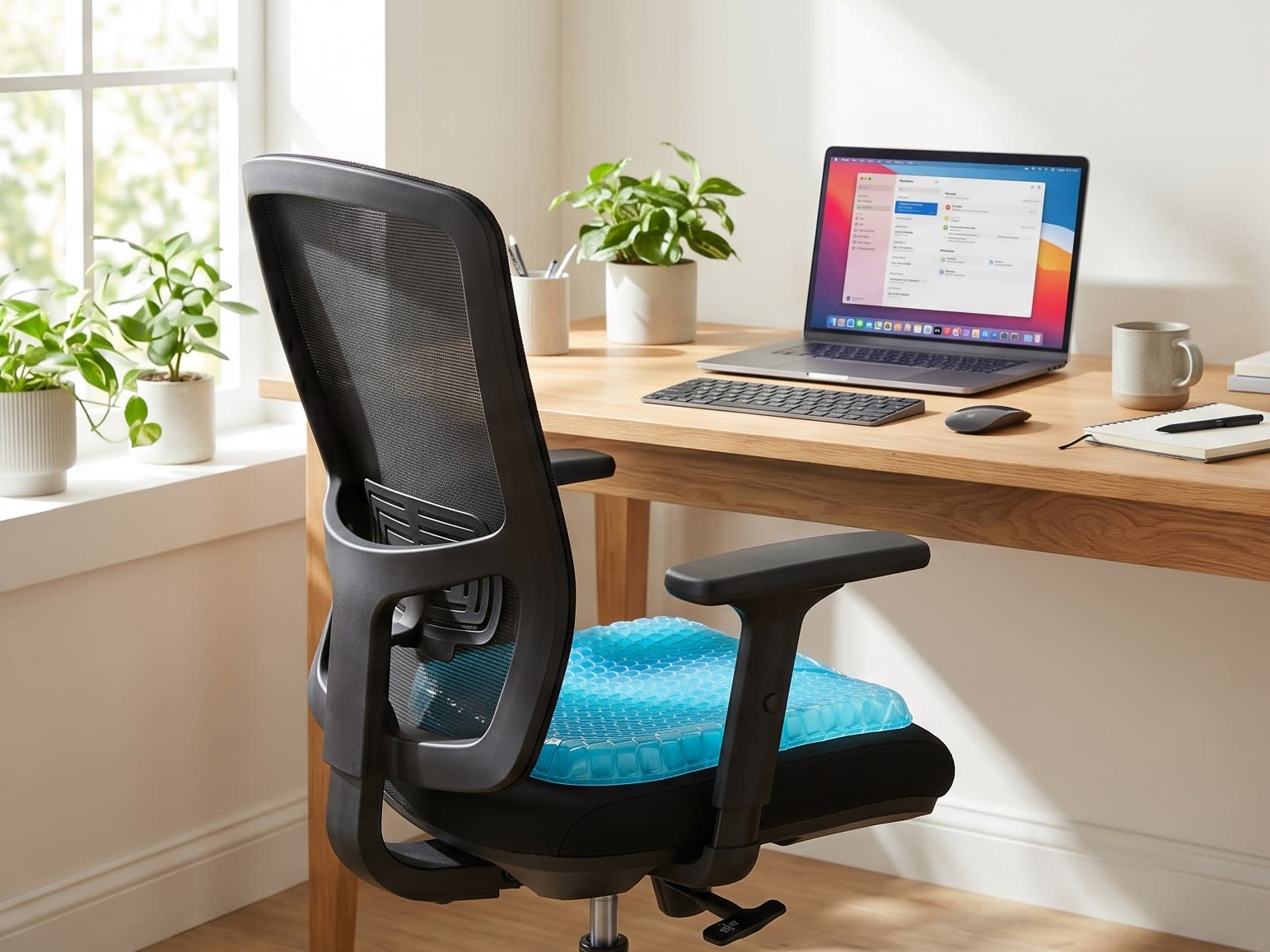 A bright, lifestyle shot of a modern home office chair fitted with a sleek, blue translucent water cooling cushion, with a laptop open on the desk (16:9 ratio)