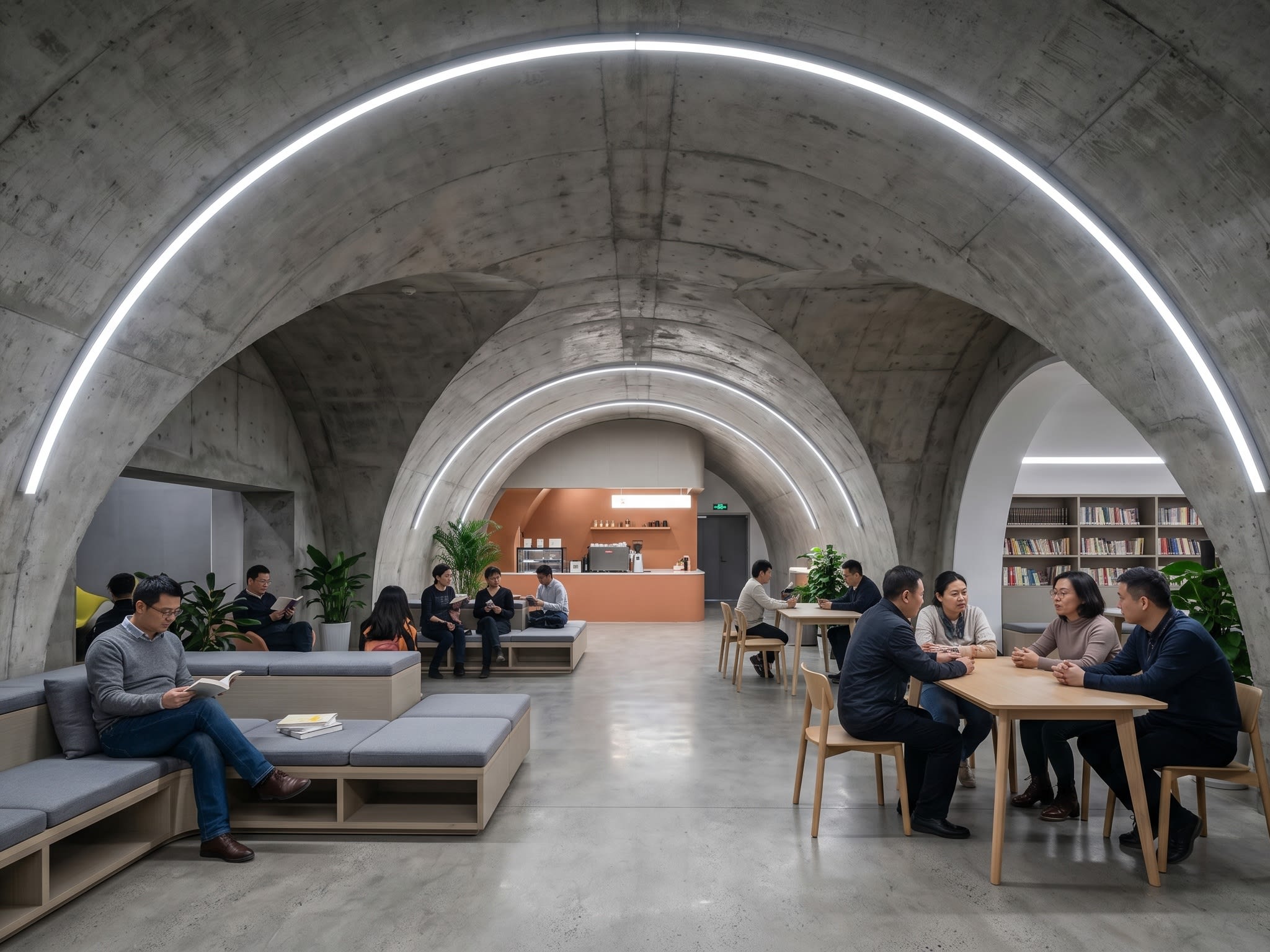 A cinematic, wide shot of a massive, cavernous underground concrete air raid shelter that has been transformed into a bright, modern community lounge with people resting, reading, and playing cards under cool lighting (16:9 ratio)