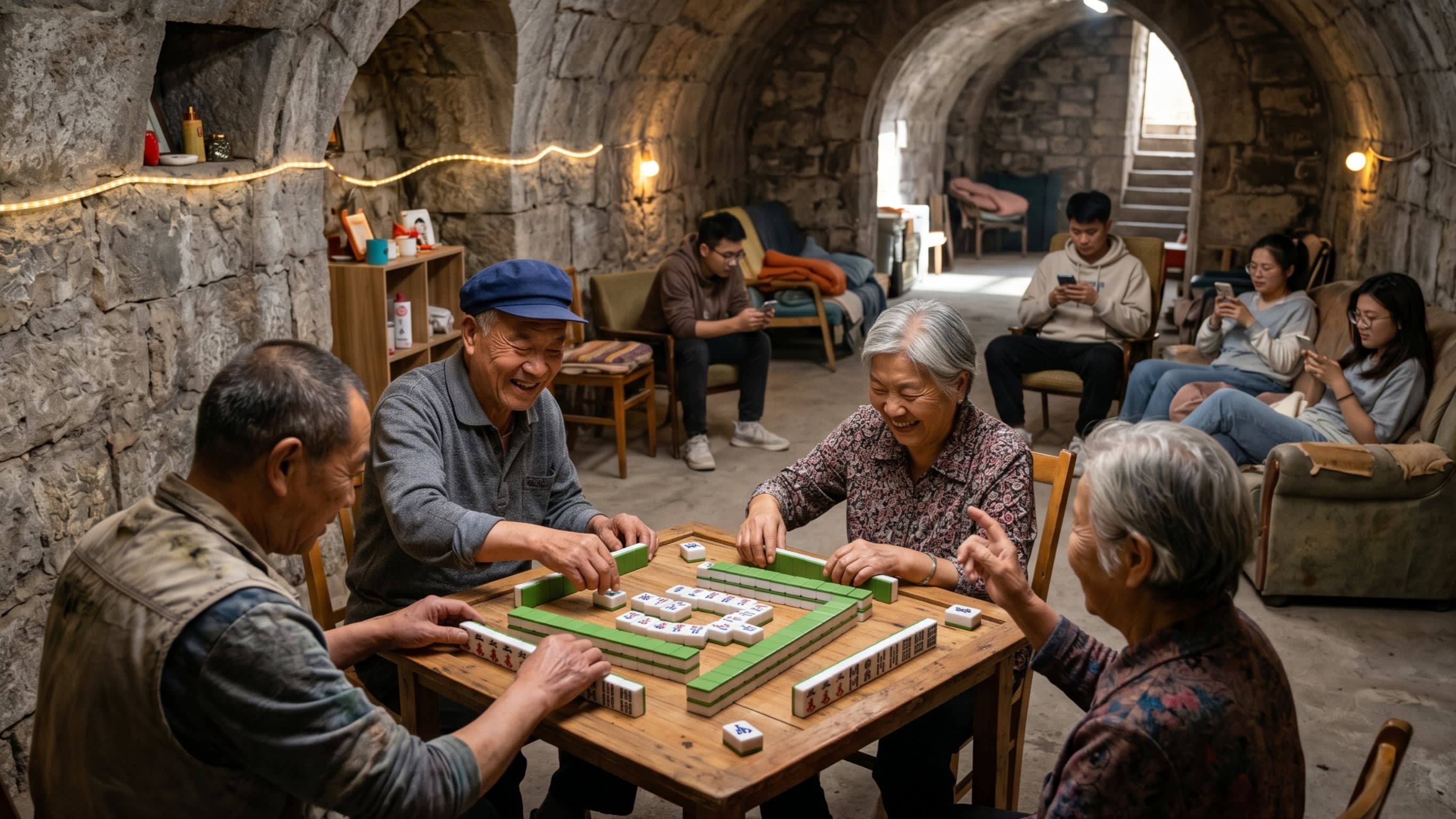 A lively scene inside a repurposed air raid shelter. Elderly Chinese citizens are sitting around a table playing Mahjong, while young people nearby are using their smartphones on comfortable benches. The stone walls contrast with the modern amenities (16:9 ratio)