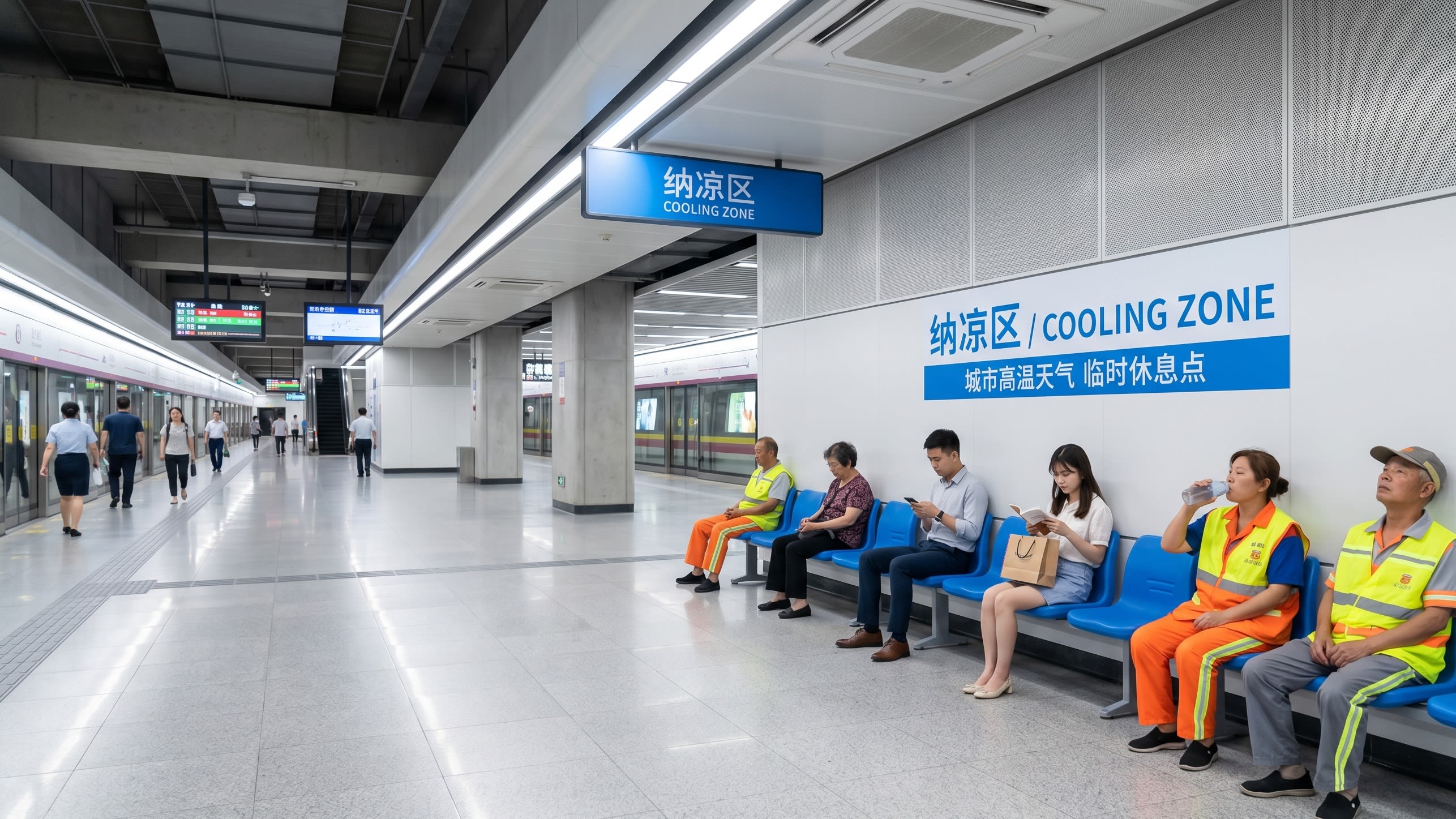 A bright, wide-angle shot of a designated 'Cooling Zone' inside a modern Chinese subway station. Rows of blue plastic chairs are occupied by street cleaners and commuters resting peacefully out of the way of the main walking traffic (16:9 ratio)