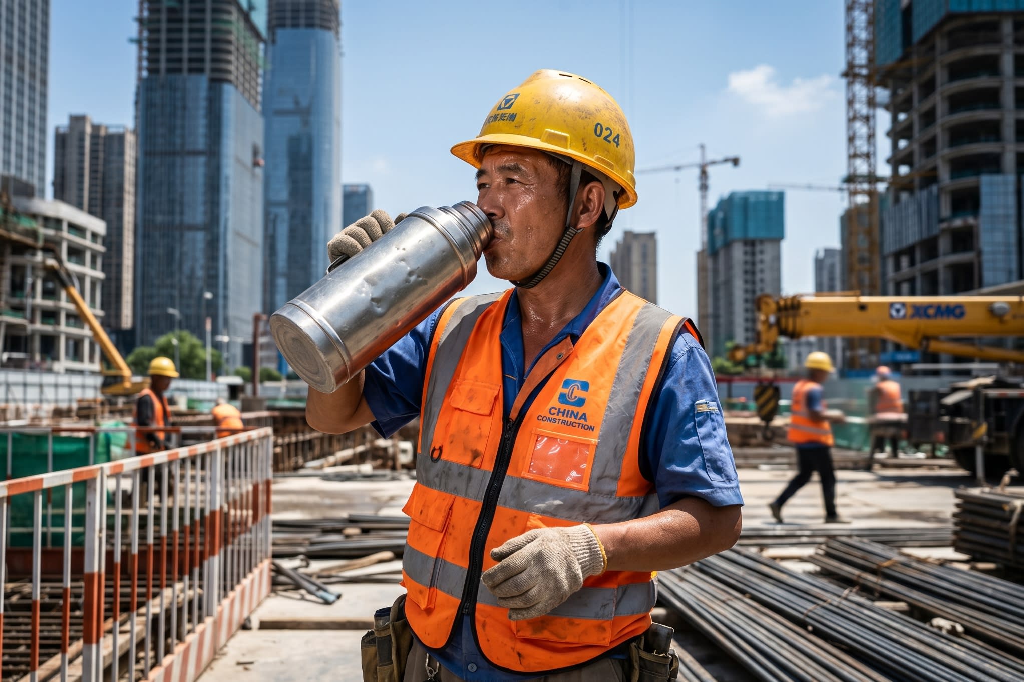 A portrait of a Chinese construction worker wearing a yellow hard hat and a reflective vest, pausing his work to take a long drink from a large, heavy-duty thermos under the bright sun (16:9 ratio)