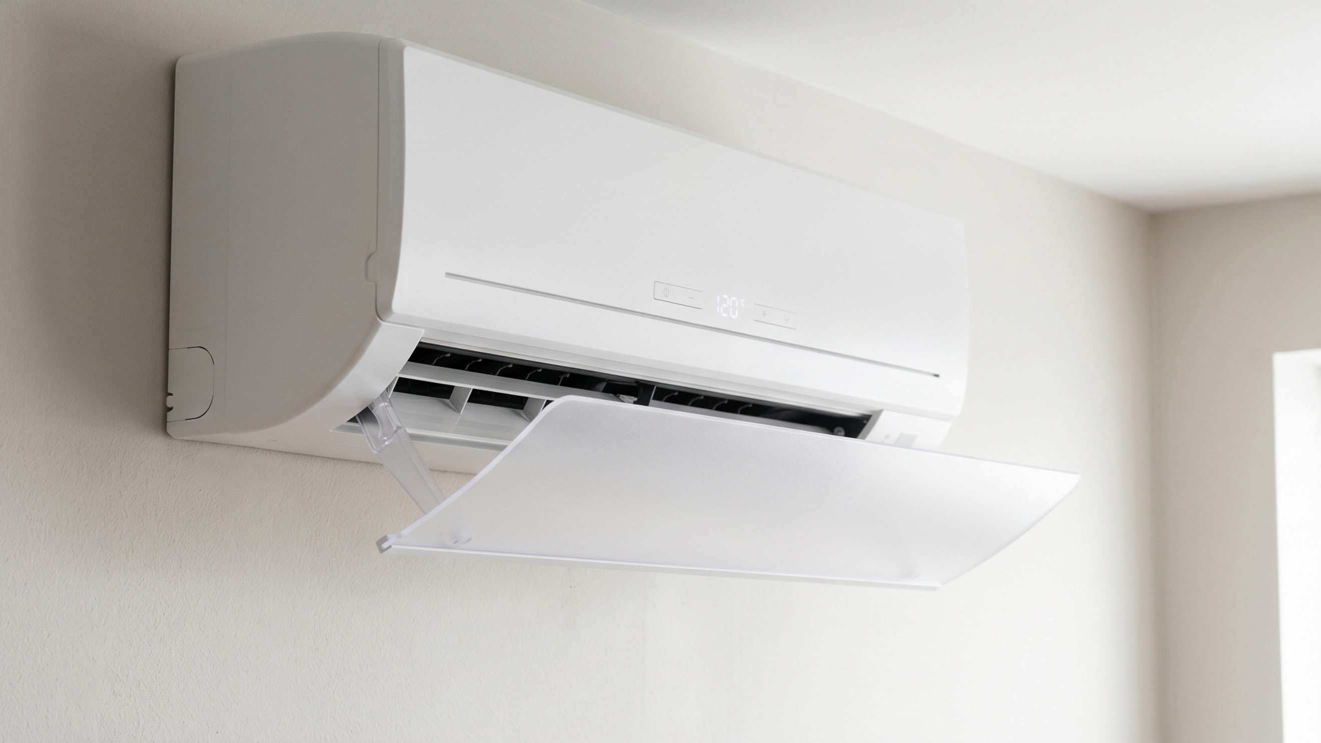 A close-up shot of a modern white wall-mounted air conditioner. Attached just below the vent is a sleek, adjustable, translucent plastic shield (the Wind Deflector) redirecting the airflow upwards towards the ceiling (16:9 ratio)