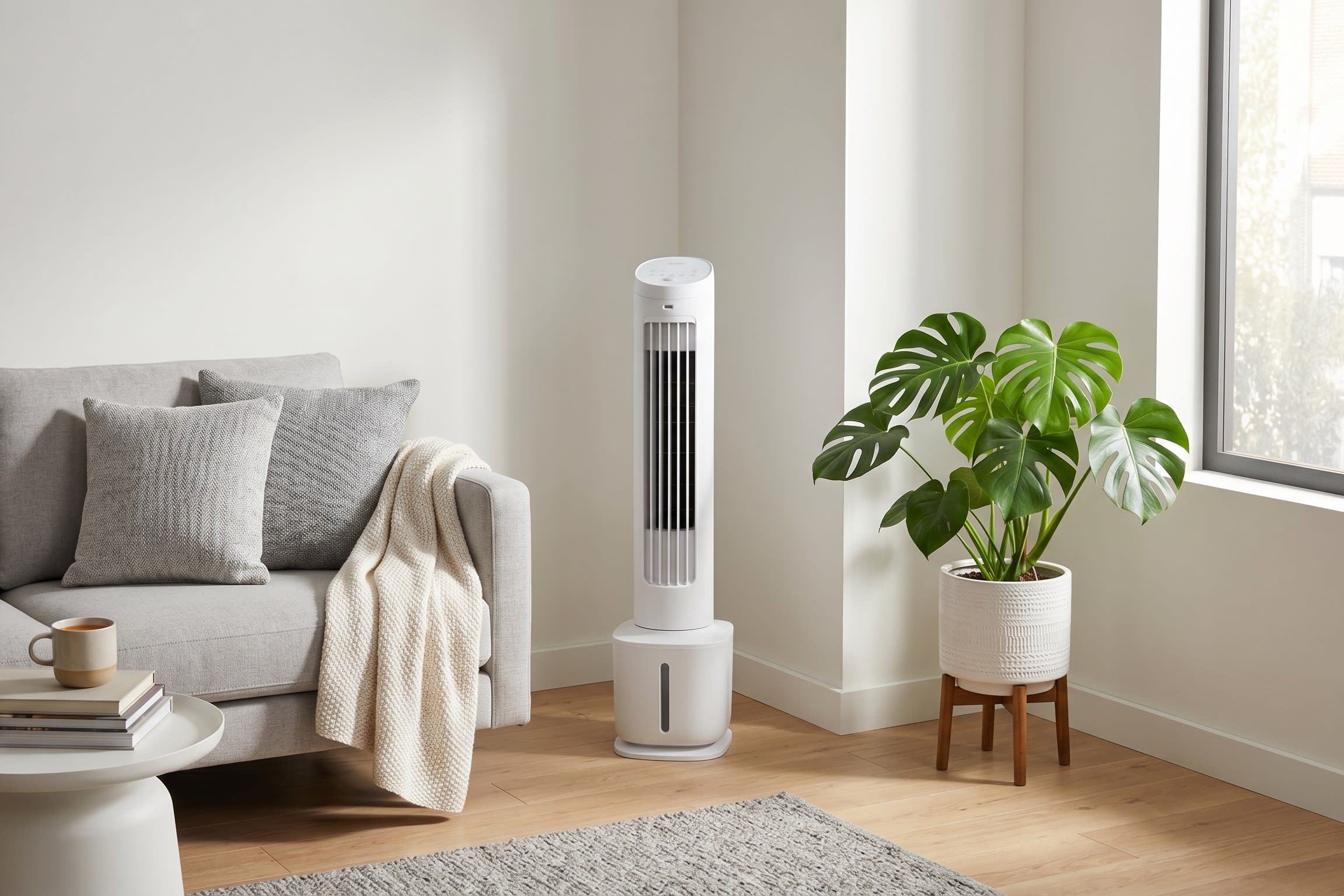 A stylish, minimalist white evaporative Air Cooling Fan (Kongtiao Shan) sitting in the corner of a cozy, modern apartment living room, next to a fabric sofa and a potted plant (16:9 ratio)