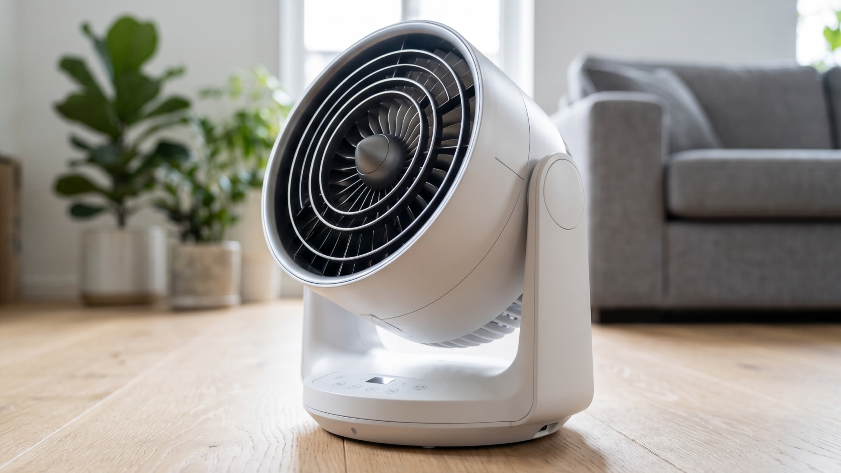 A close-up, low-angle shot of a compact, high-tech Air Circulation Fan with a deep cylindrical grill, pointing upwards at a 45-degree angle. The design is sleek, matte white, and futuristic (16:9 ratio)