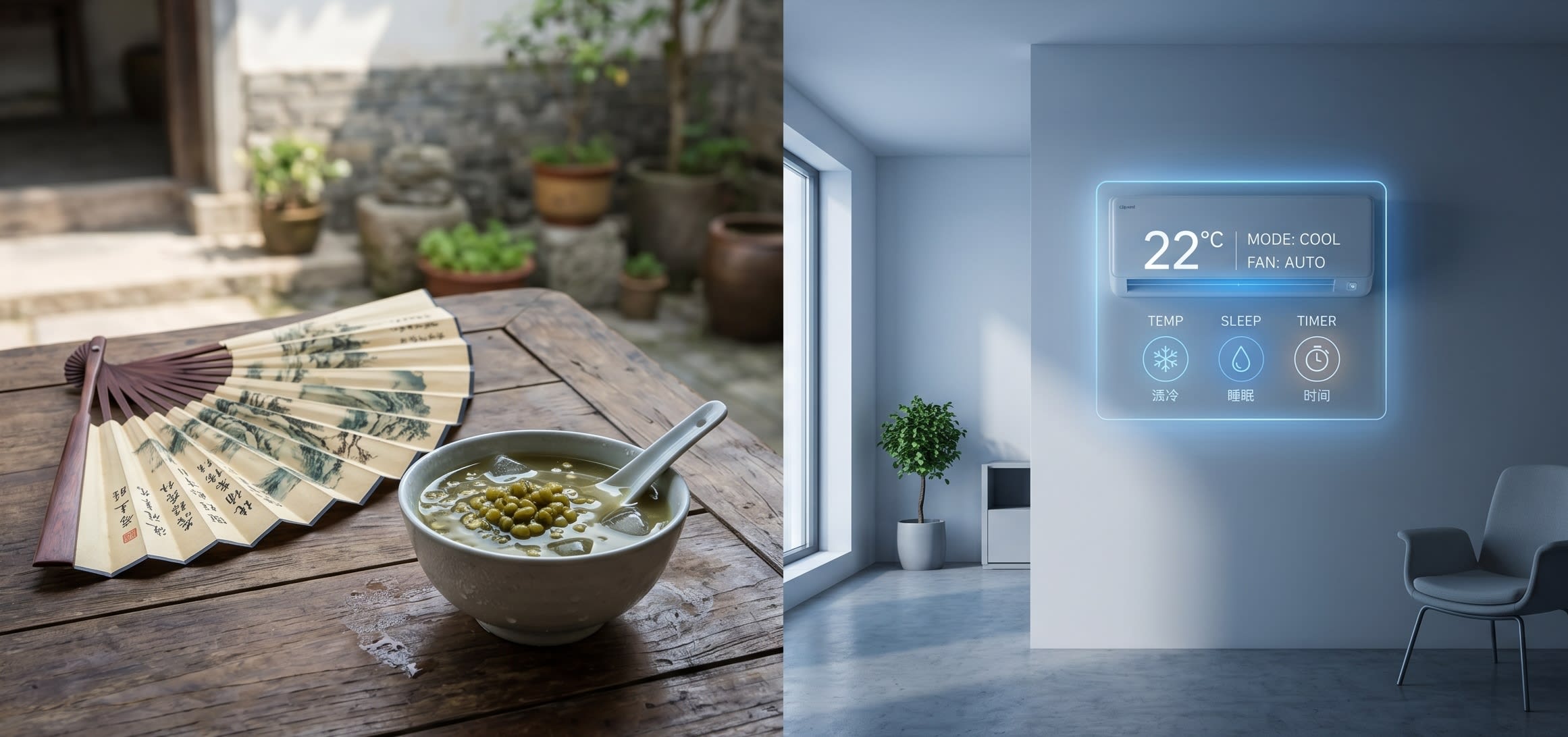 A beautifully split-screen visual: on the left, a traditional Chinese folding fan beside a bowl of green mung bean soup; on the right, a futuristic smart air conditioner interface glowing in a modern, softly lit room (16:9 ratio)