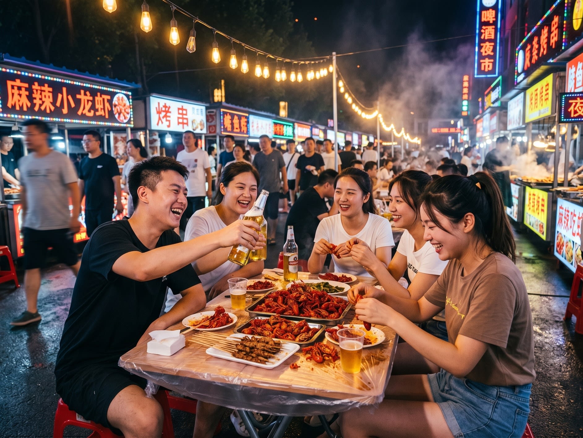 A lively, cinematic shot of young friends laughing and peeling crawfish at an outdoor night market illuminated by string lights, showcasing the vibrant Chinese night economy (16:9 ratio)