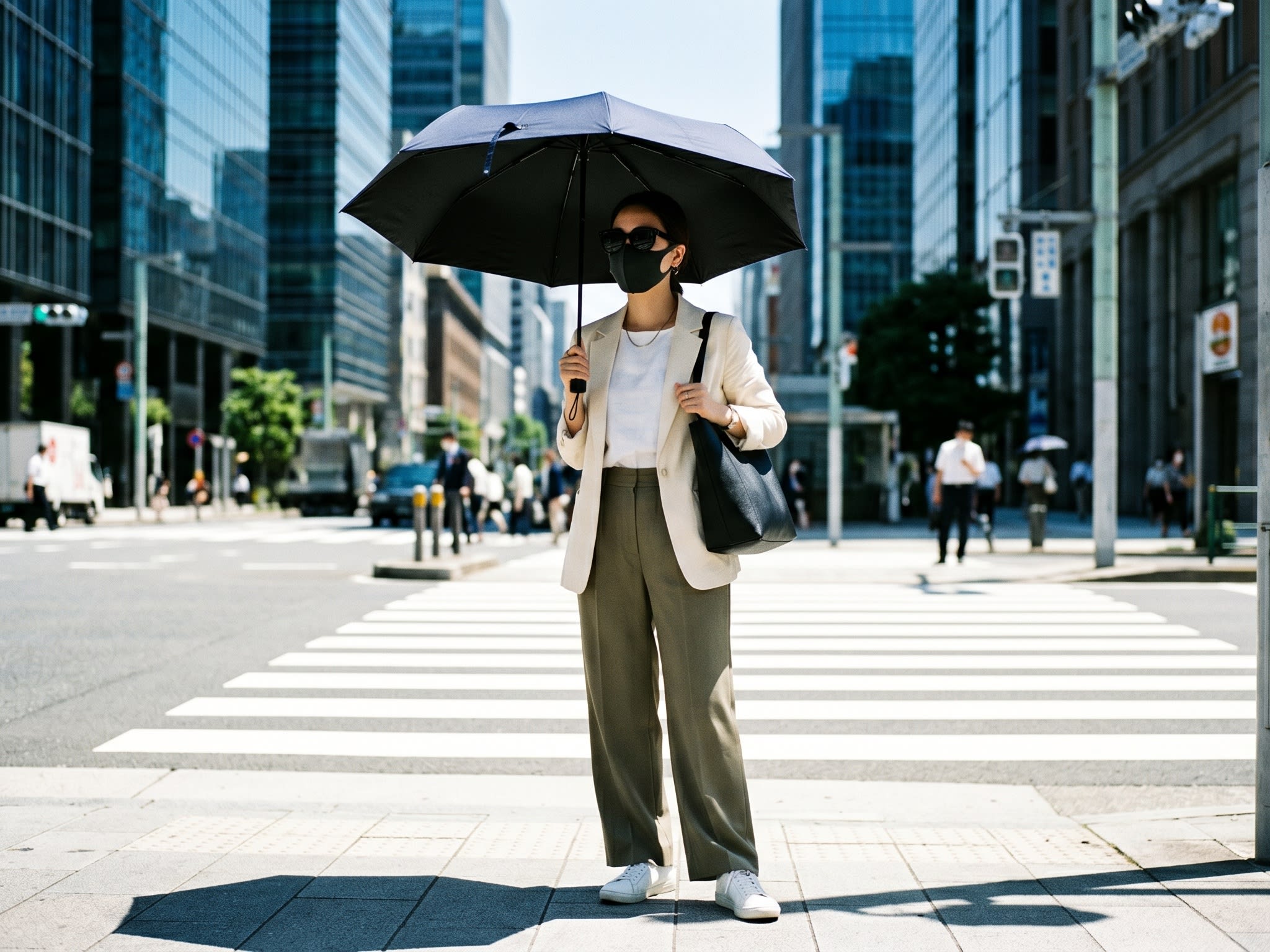 A high-fashion urban commuter waiting at a sun-drenched crosswalk, completely shielded by a UPF 50+ sun umbrella and an elegant ice-silk face mask (16:9 ratio)