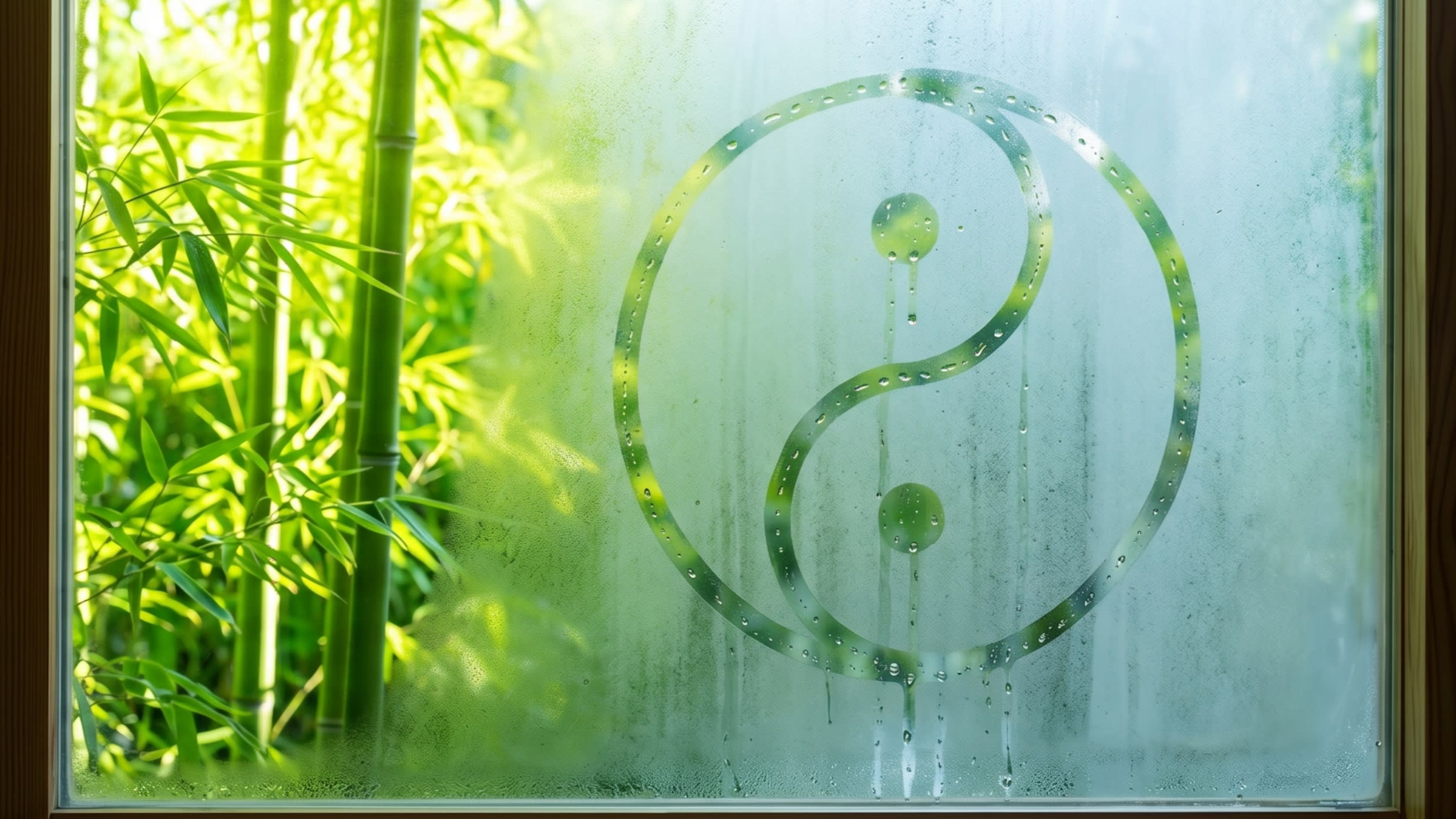A serene, minimalist composition showing a yin-yang symbol lightly drawn in condensation on a cold window pane, overlooking a vibrant, sun-drenched bamboo forest (16:9 ratio)