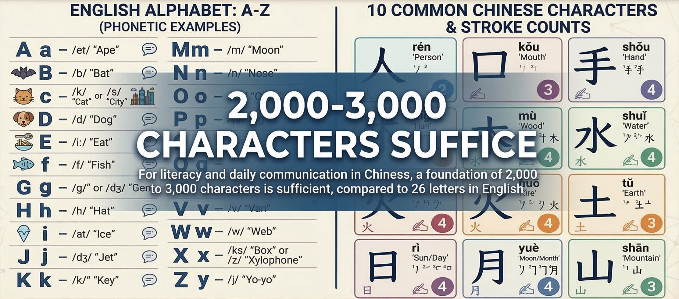 Comparison of English alphabet vs Chinese characters: left side shows A-Z, right side shows 10 common characters (人, 口, 手, 木, 水). "2000-3000 characters suffice" text overlay