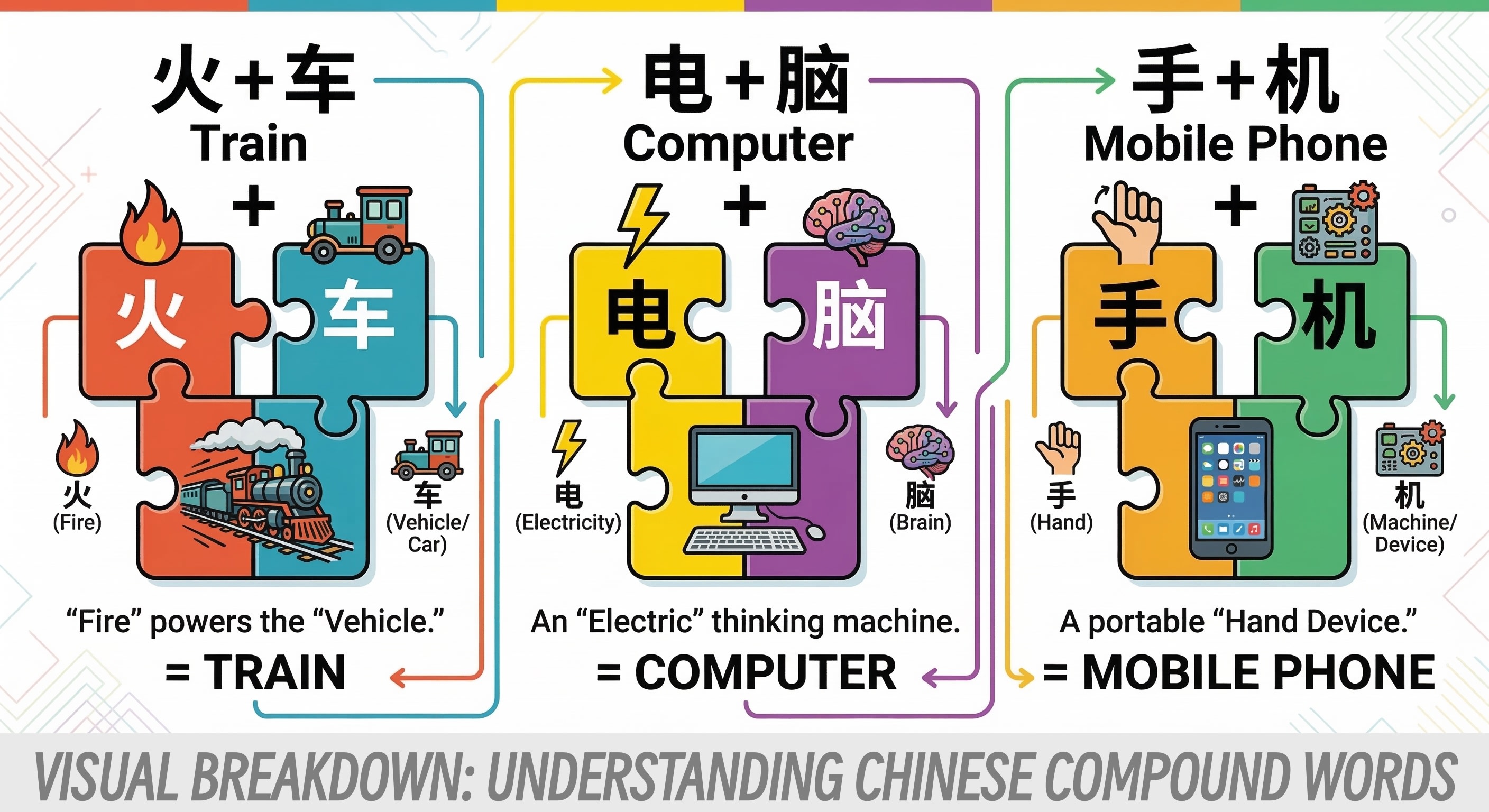 Compound words breakdown: 火车 (huǒchē = fire + car = train), 电脑 (diànnǎo = electricity + brain = computer), 手机 (shǒujī = hand + machine = cell phone). Visual connection between components