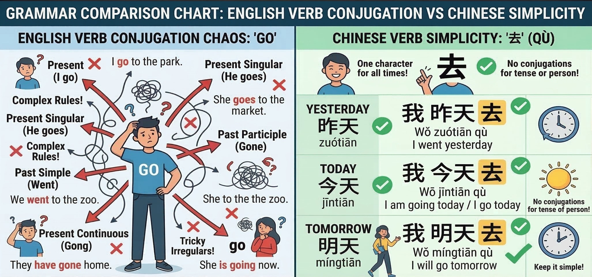 Grammar comparison chart: English "go, goes, went, gone" vs Chinese "去 (qù)" in all tenses. Highlighting "no conjugation" benefit