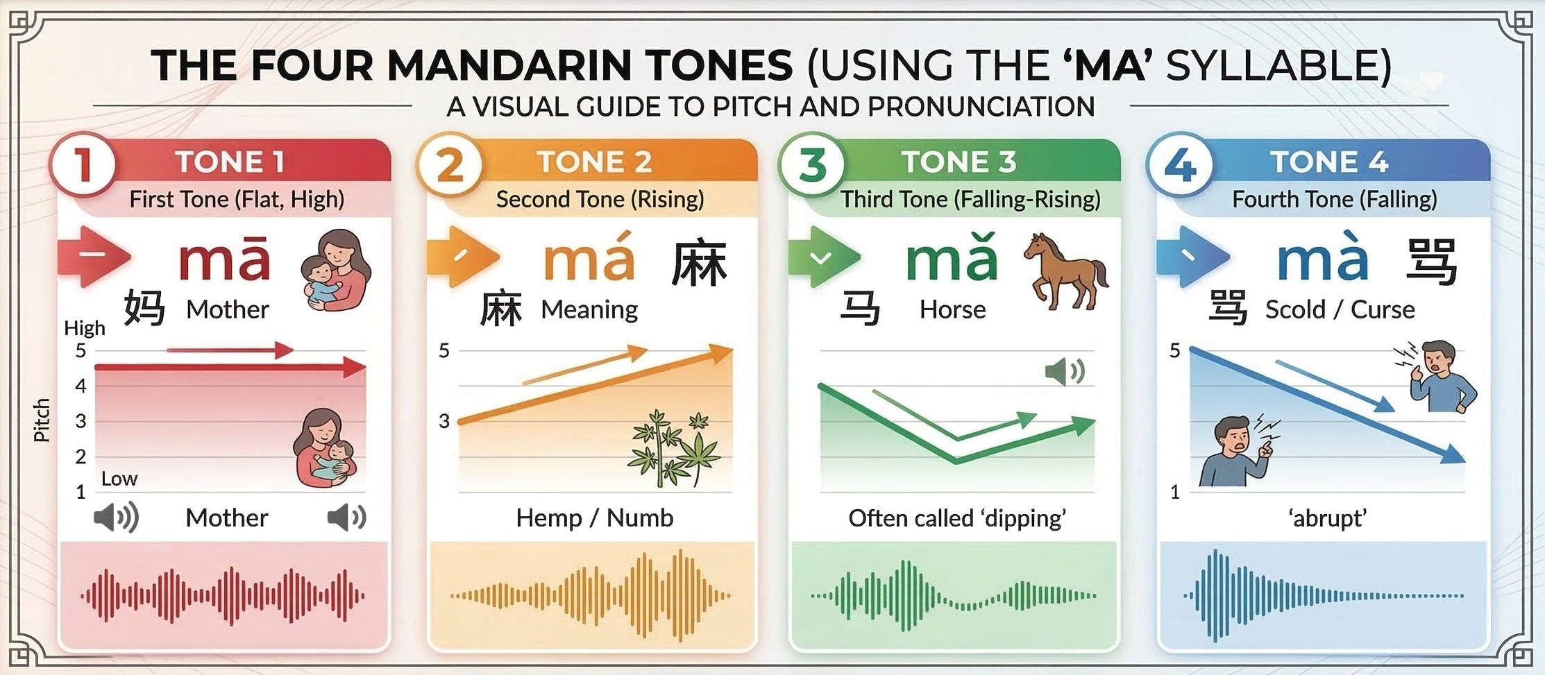 Four tones of "ma" visualized: 妈 (mā, mother) with flat line, 麻 (má, hemp) with rising line, 马 (mǎ, horse) with V-shape, 骂 (mà, scold) with falling line. Audio waves and character illustrations