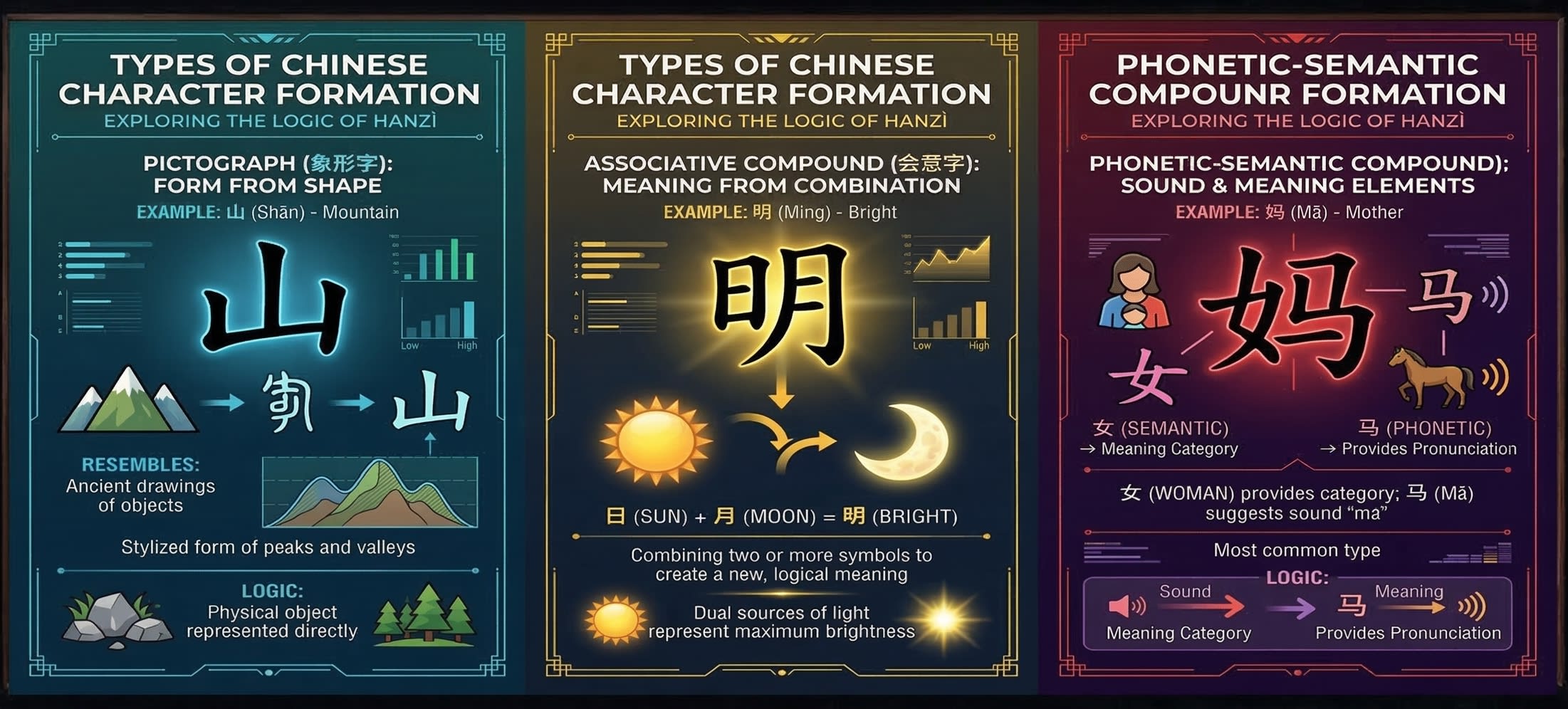 Character formation types: 山 (shān, mountain) as pictograph, 明 (míng, bright) as associative compound (日+月), 妈 (mā, mother) as phonetic-semantic compound (女+马)