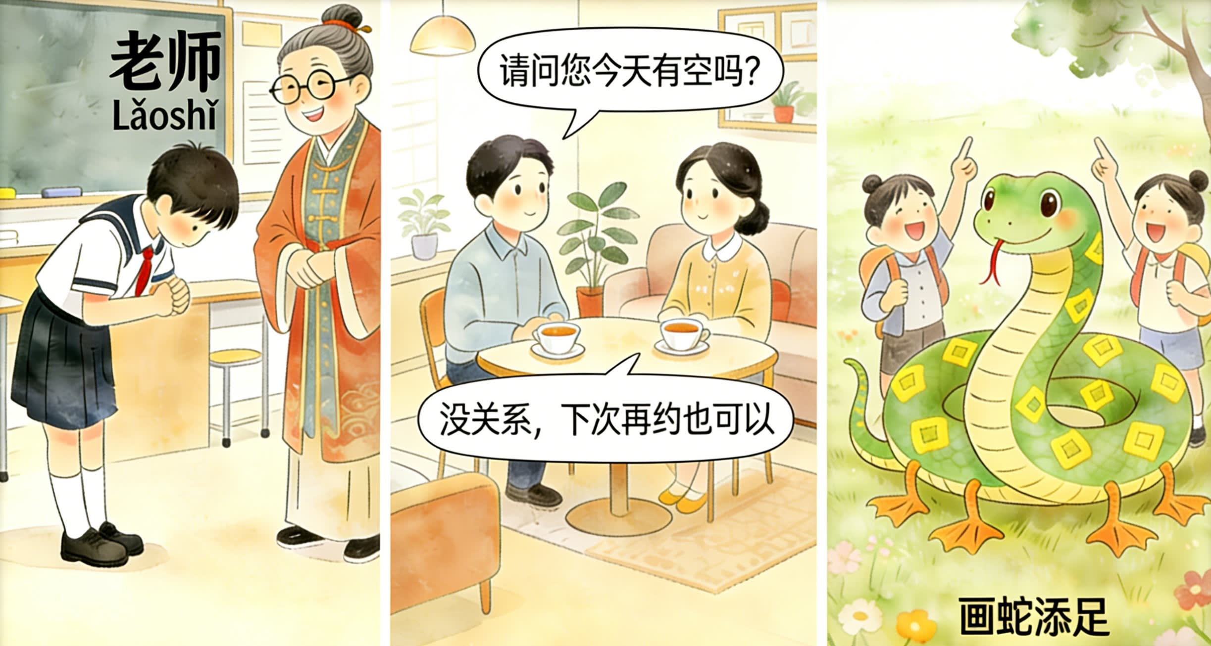 Cultural context examples: left - student bowing to teacher labeled "老师 (Lǎoshī)", middle - indirect communication illustration, right - 画蛇添足 (huà shé tiān zú) idiom with snake drawing