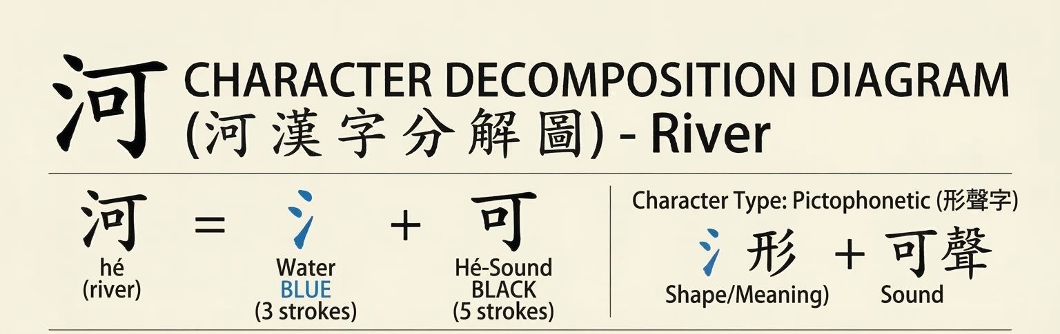 Character breakdown: 河 (hé, river) with 氵(water radical) highlighted, showing stroke order (horizontal, vertical, dot) step-by-step