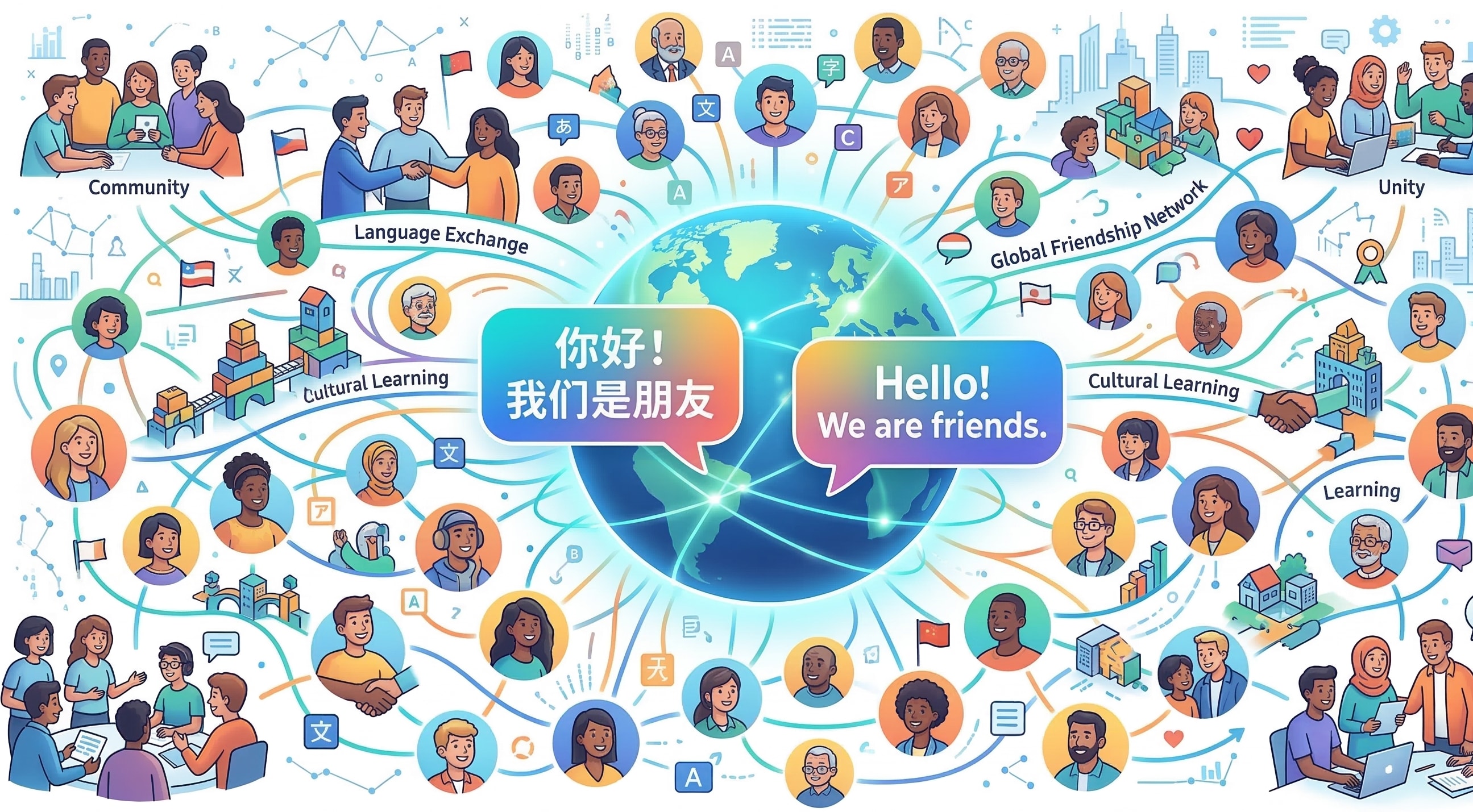 International friends from different countries (Western and Chinese) laughing together, sharing food, using smartphones to practice language exchange