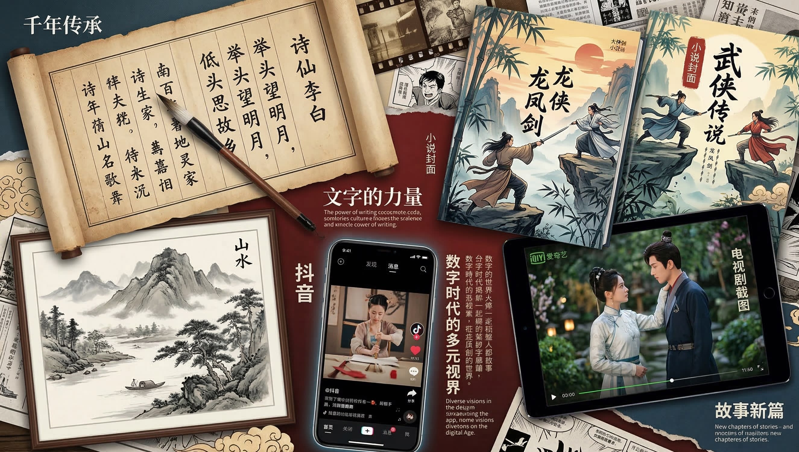 Collage of Chinese cultural elements: ancient poetry scrolls, calligraphy brush, Douyin app interface, wuxia novel cover, traditional painting, modern Chinese drama scene