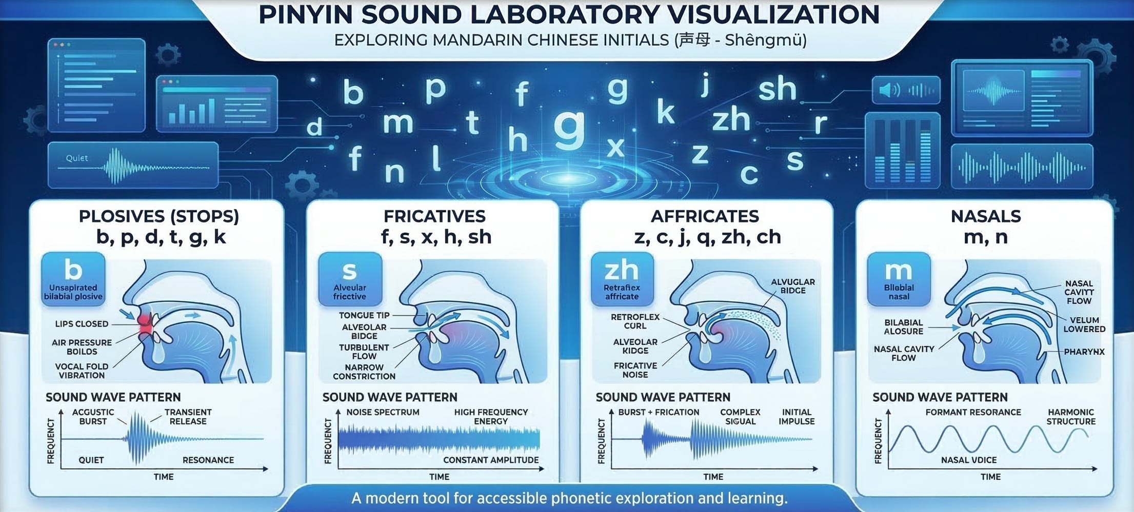Pinyin chart with initials (zh, ch, sh, r) and finals (ü), audio wave icons, mouth shape illustrations for tricky sounds