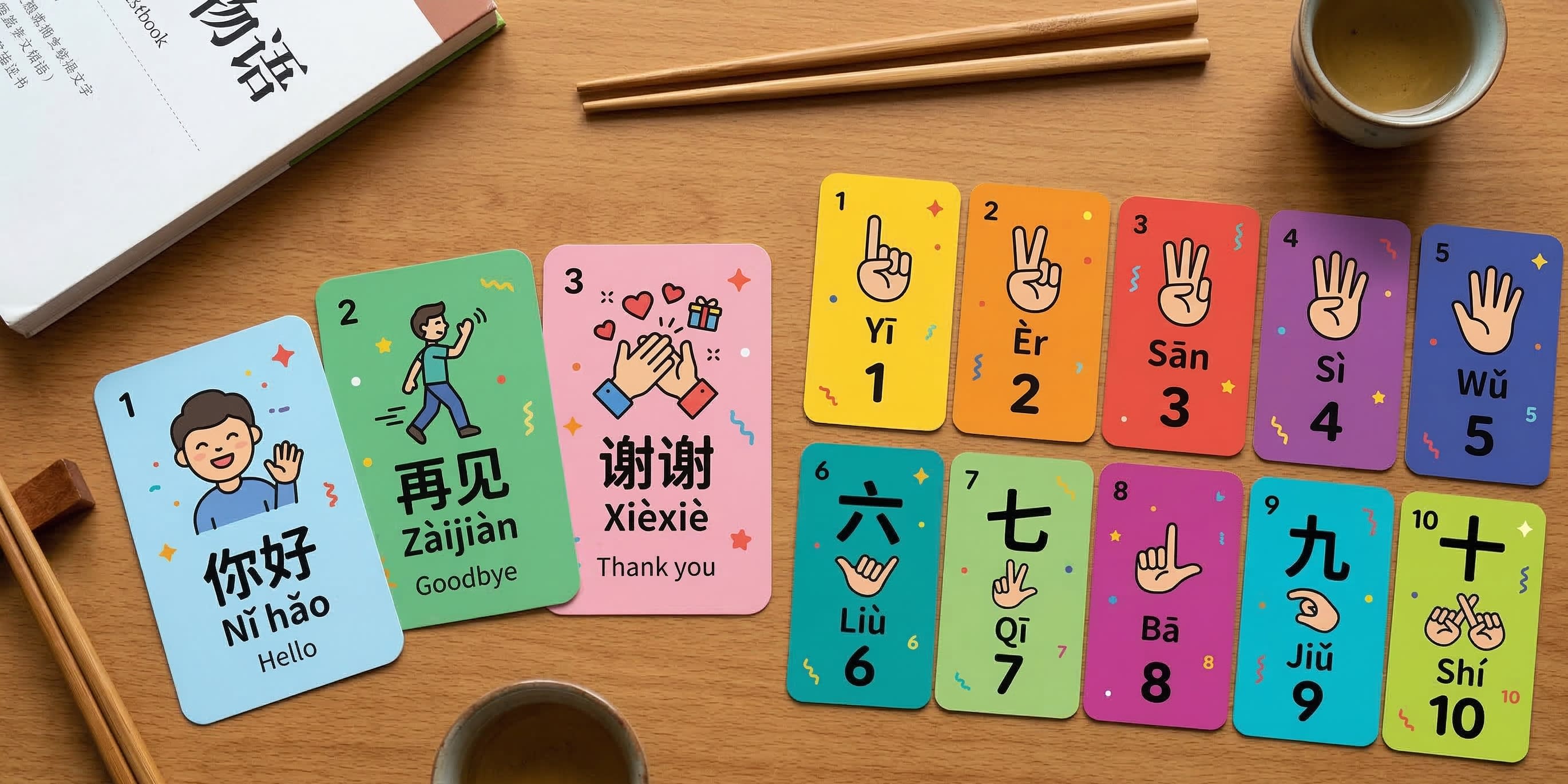 Flashcards with basic Chinese words: 你好 (nǐ hǎo), 再见 (zài jiàn), 谢谢 (xièxie), numbers 1-10. English translations, colorful design