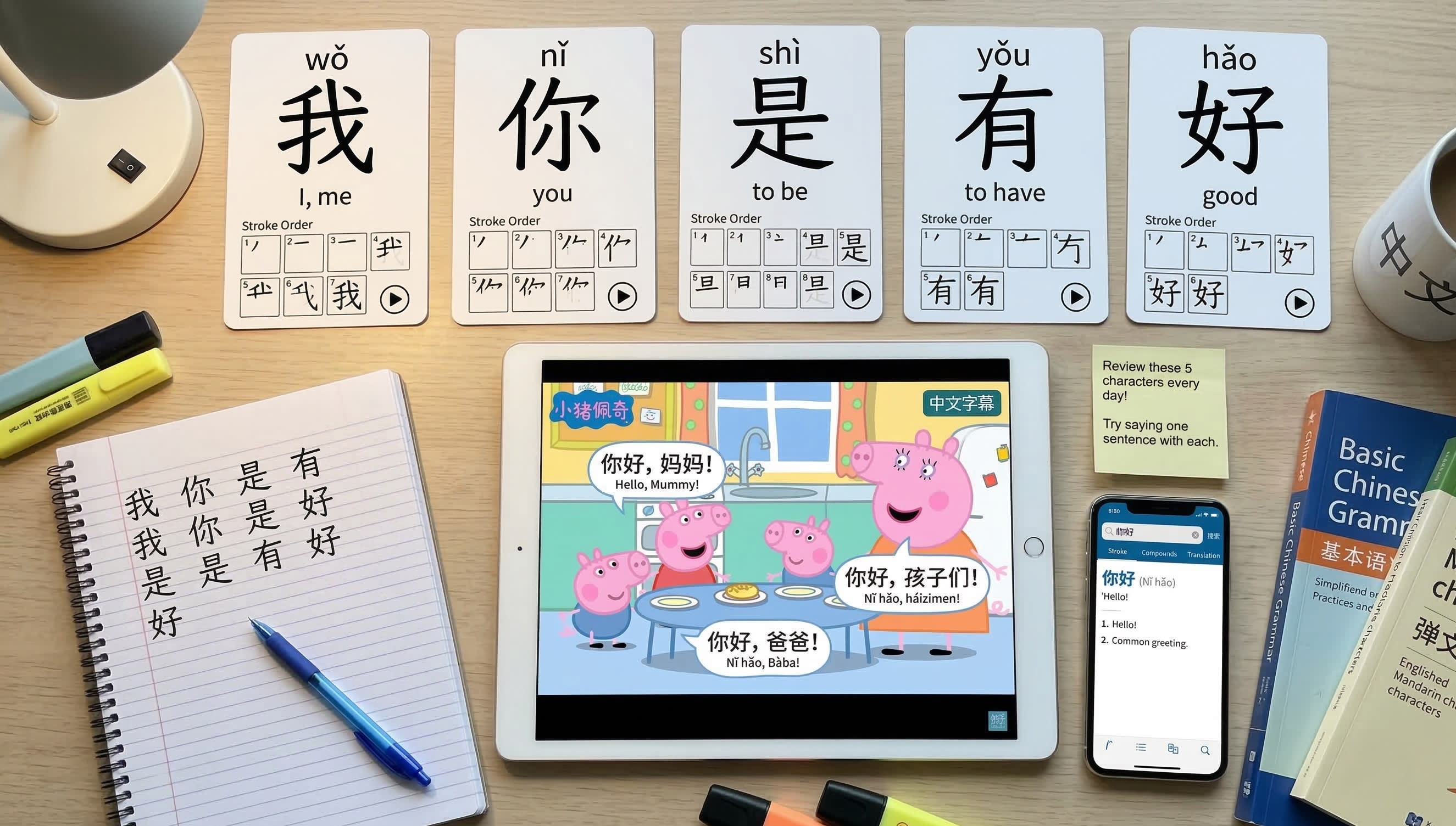 Common Chinese characters (我, 你, 是, 有, 好) with stroke order animation, Peppa Pig cartoon scene in Chinese, Pleco app interface