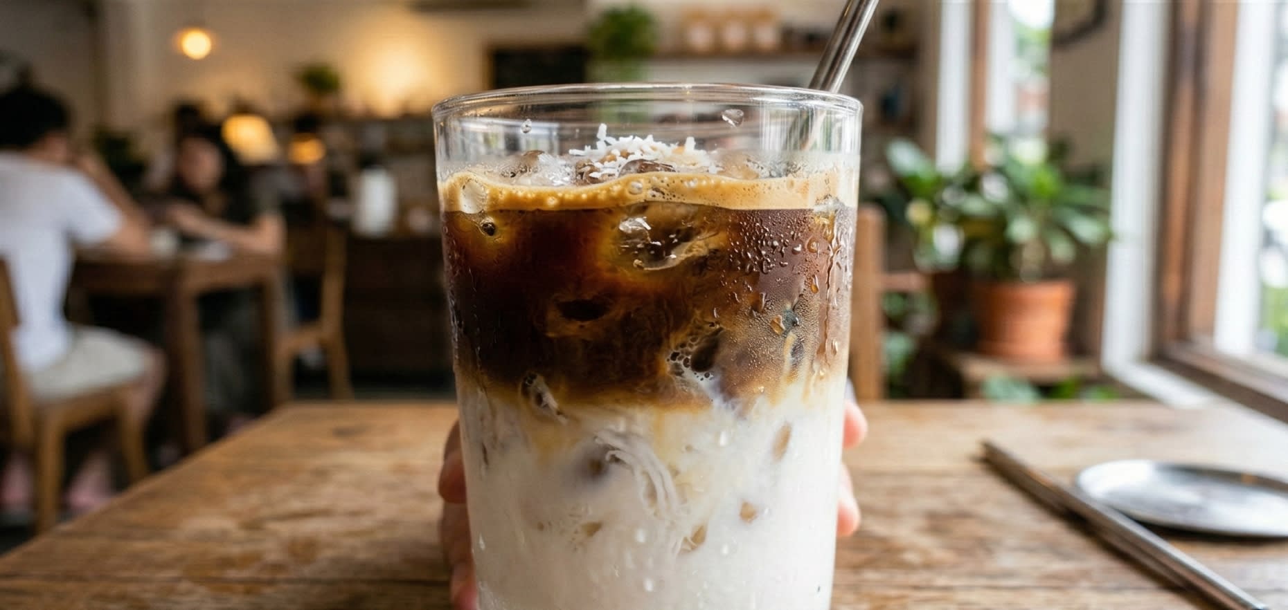 A clear glass of iced 'Raw Coconut Latte' showing the distinct layers of dark espresso and white coconut milk