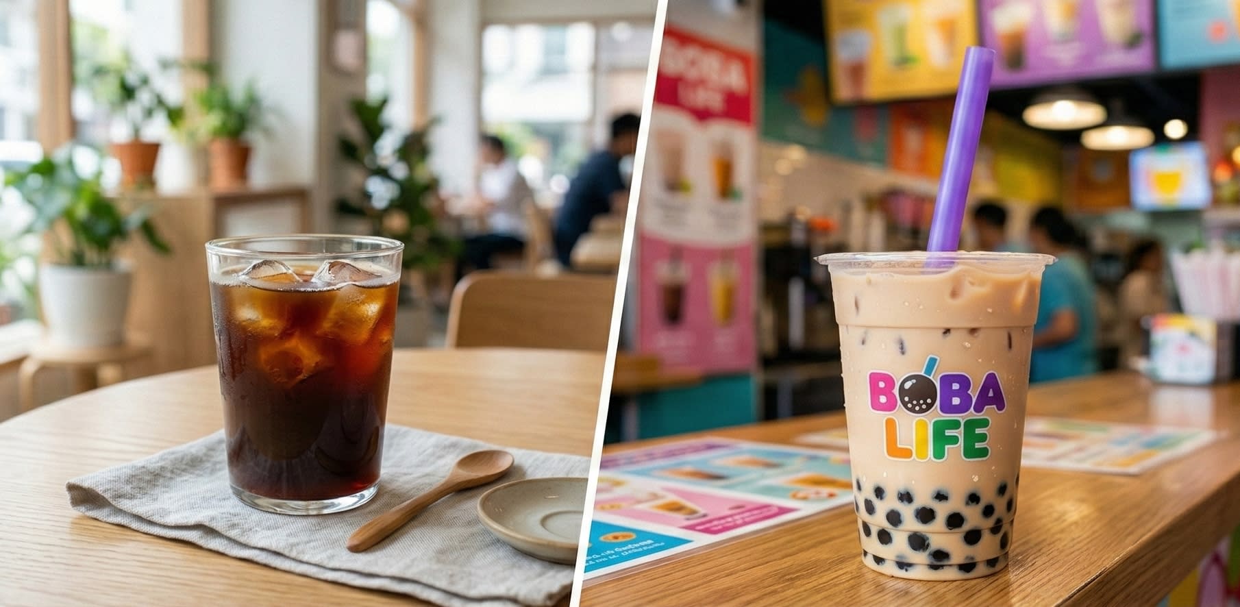 A vibrant split-screen photo showing a modern latte with latte art on the left and a classic bubble milk tea with tapioca pearls on the right