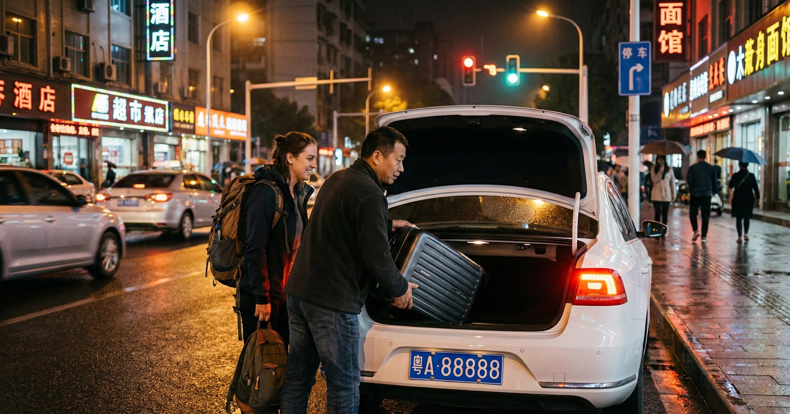 A Didi driver helping a passenger load a suitcase into the trunk of a white sedan
