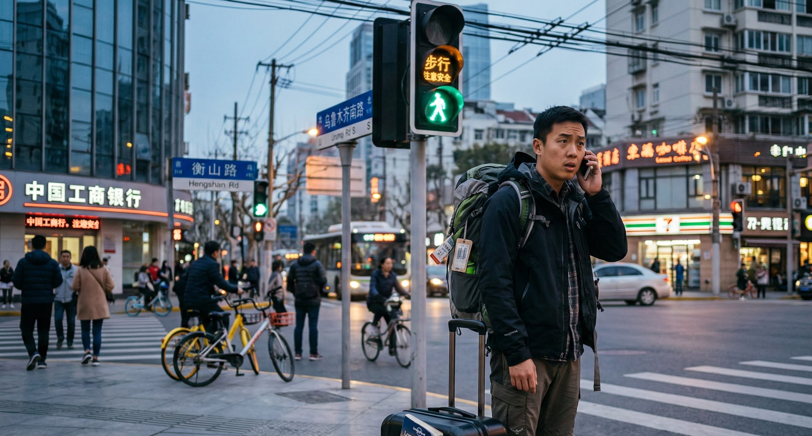 A traveler looking stressed while answering a phone call on a busy Chinese street corner
