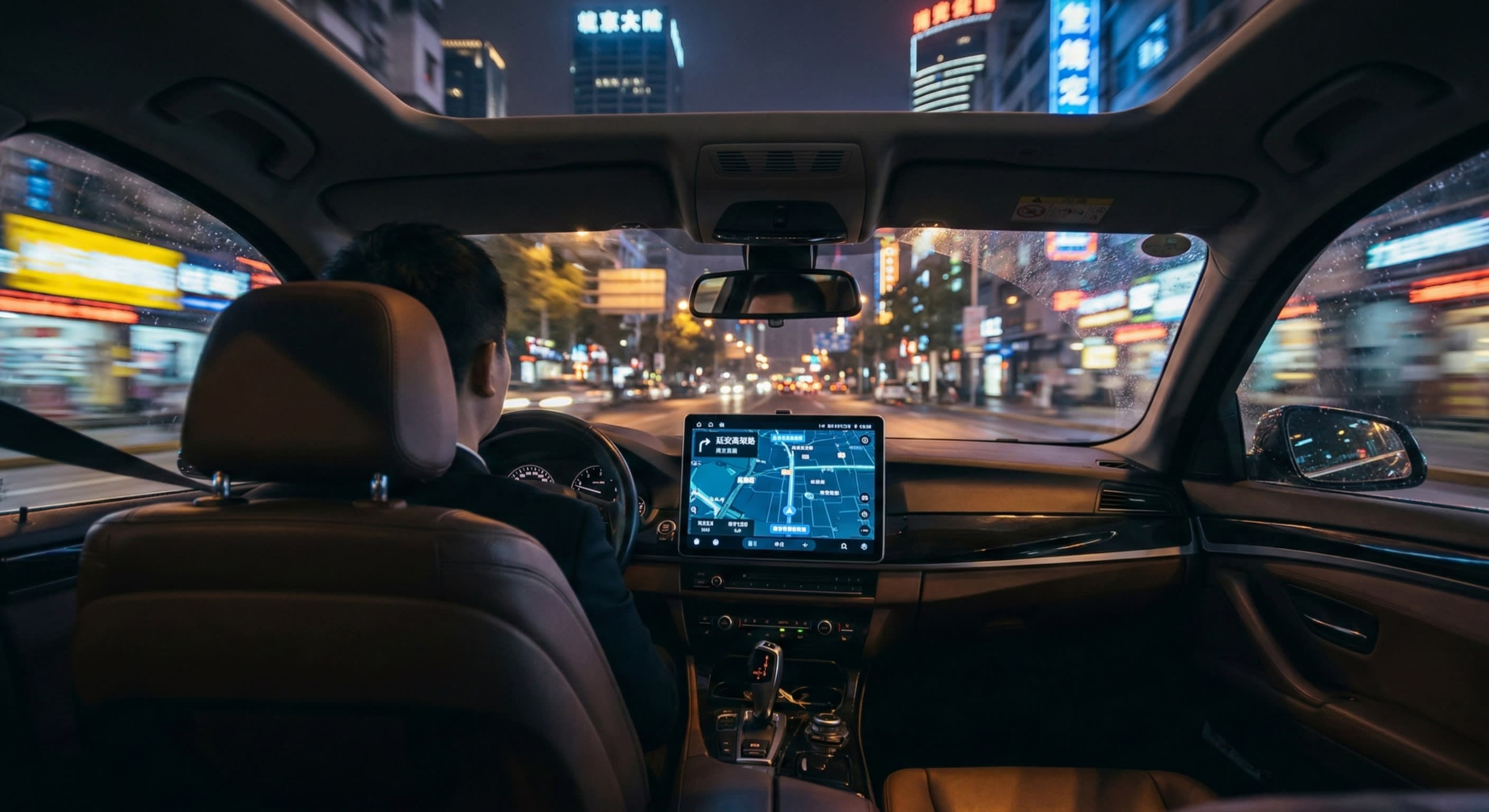 A first-person view from the backseat of a modern Chinese Didi, looking at the driver's GPS screen and the city lights outside