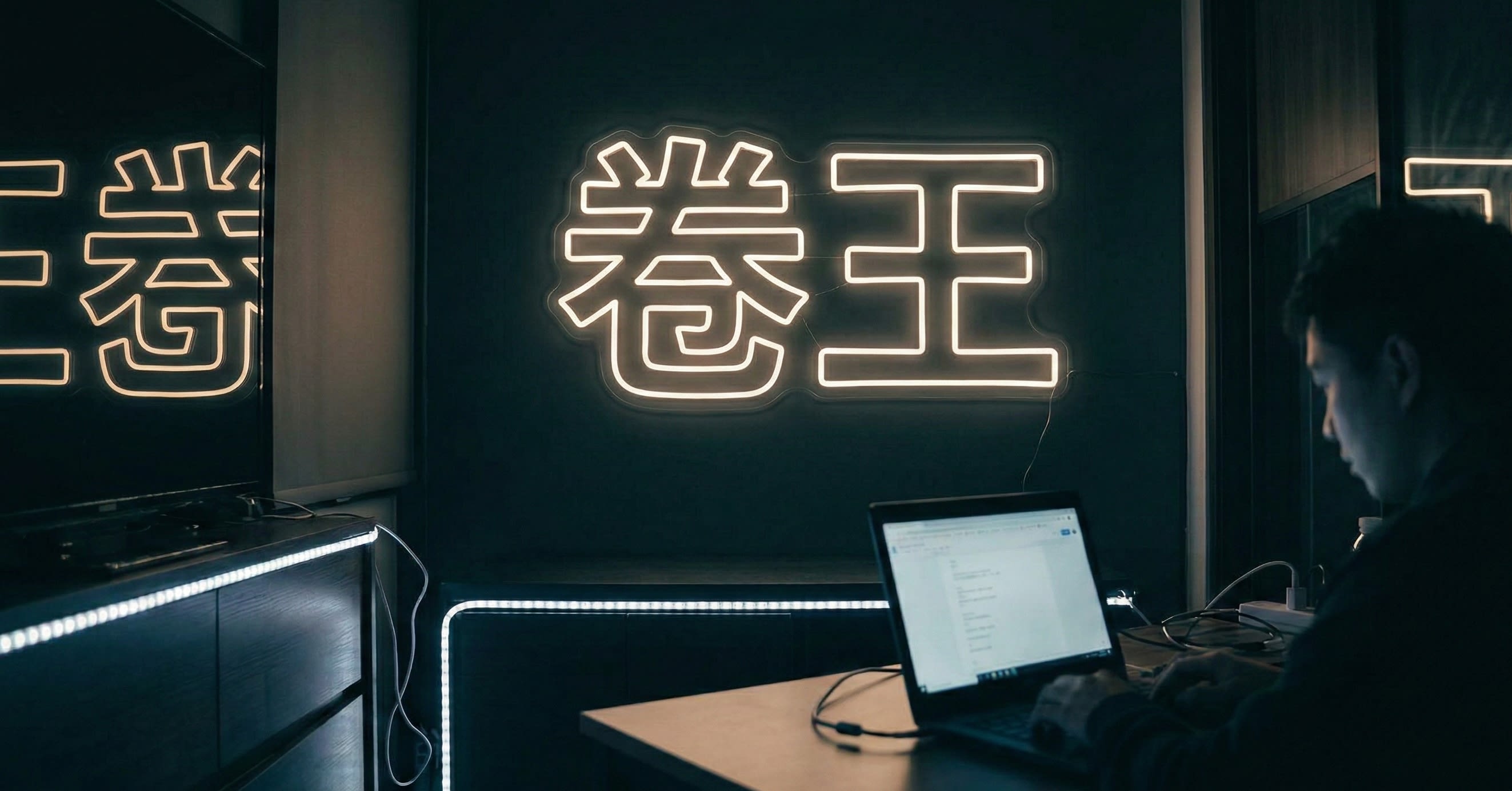 A glowing neon sign displaying Chinese characters in a dark, cyberpunk-style room