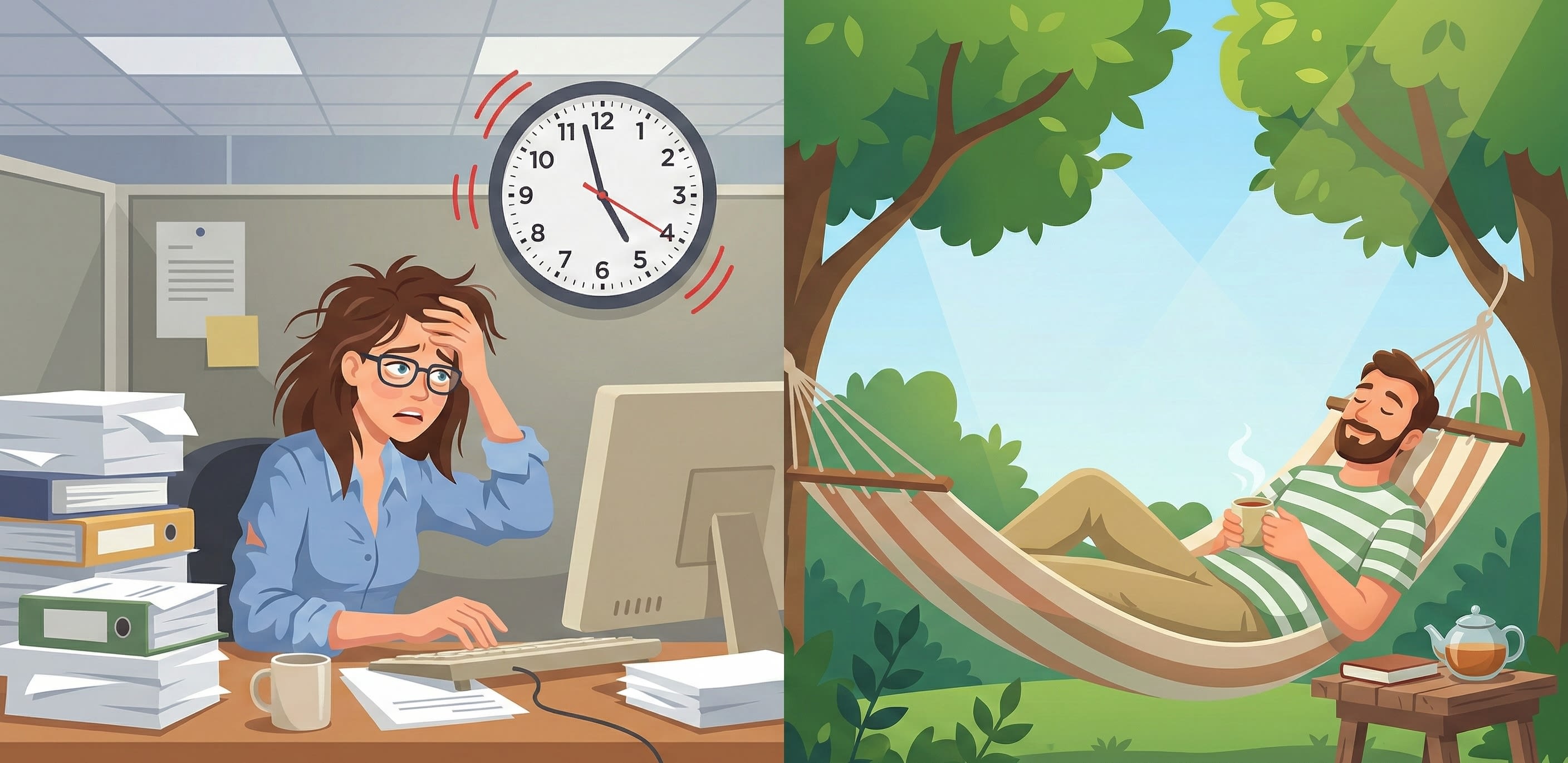 A conceptual illustration of a stressed office worker looking at a clock, contrasted with someone relaxing in a hammock