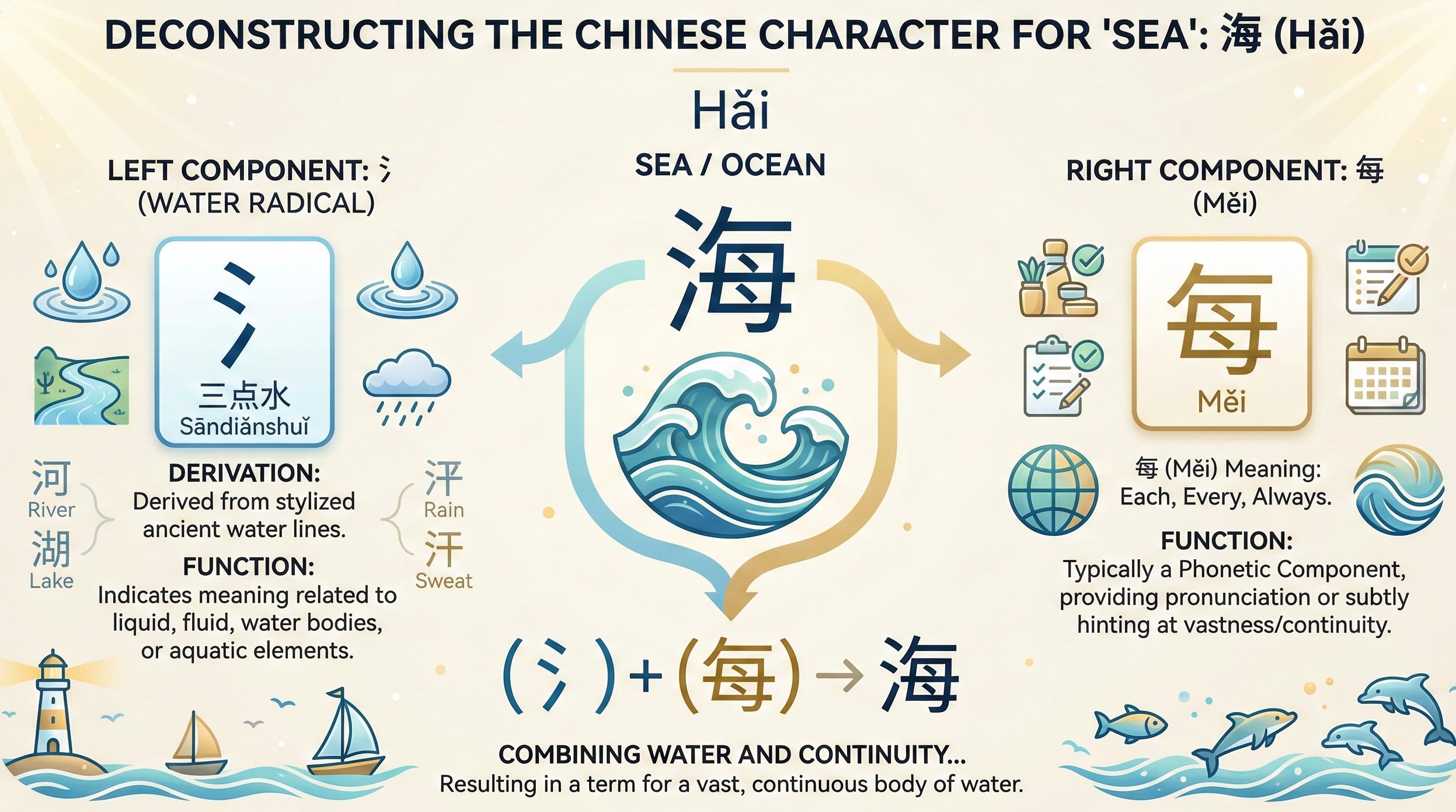 A visual breakdown of Chinese characters, showing how the water radical combines with other parts to create new words