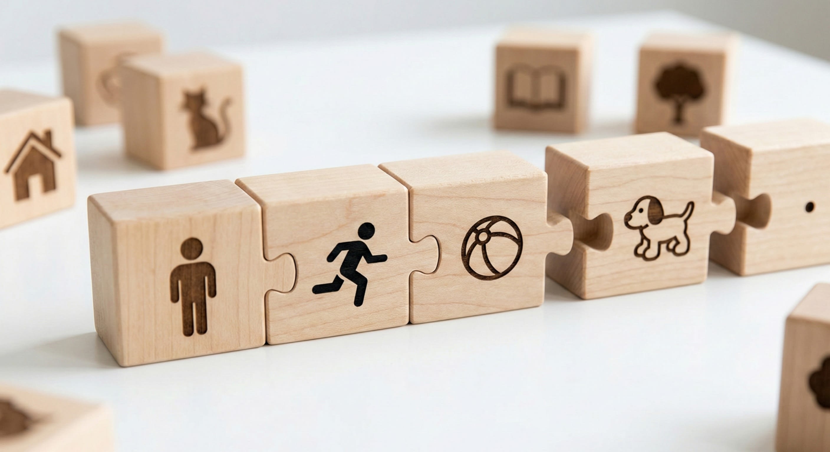 A graphic showing wooden building blocks snapping together to form a simple Chinese sentence