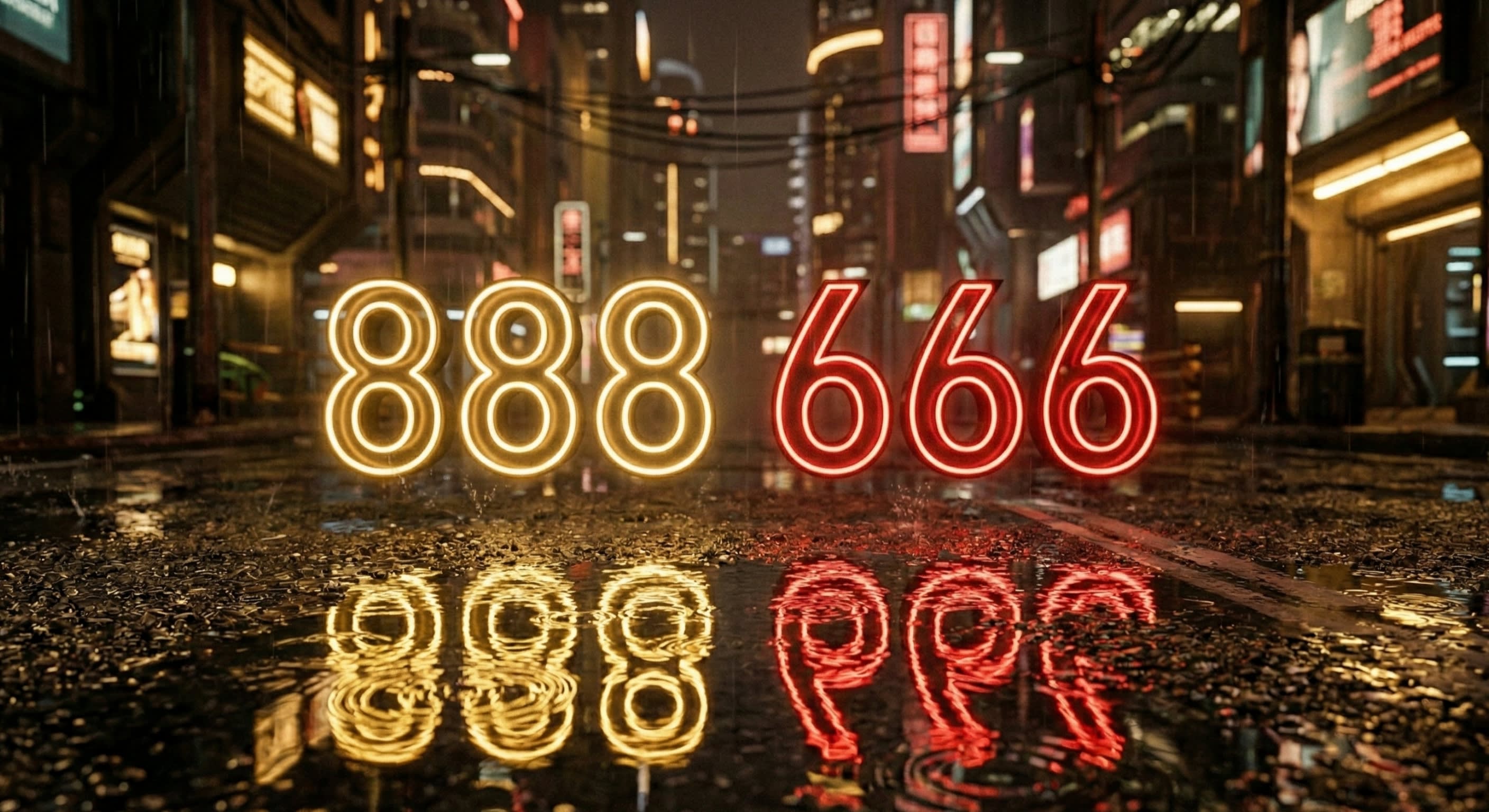 A dramatic, cinematic shot of glowing neon Chinese numbers reflecting on a wet city street at night