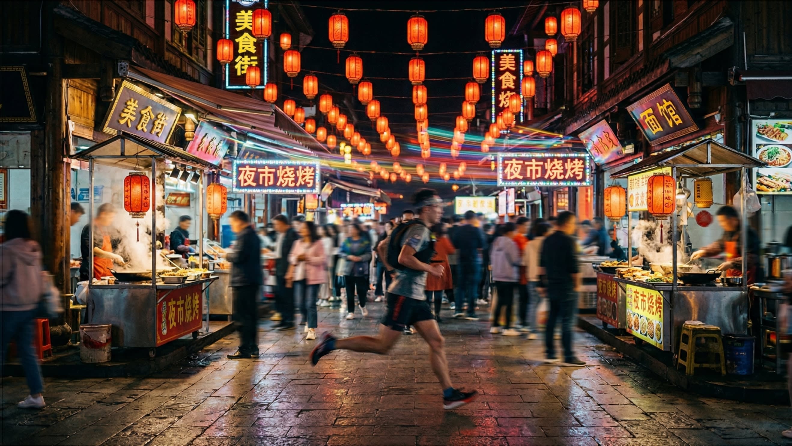 A blurred, long-exposure shot of a person running quickly through a neon-lit Chinese night market, illustrating the concept of adverbial action