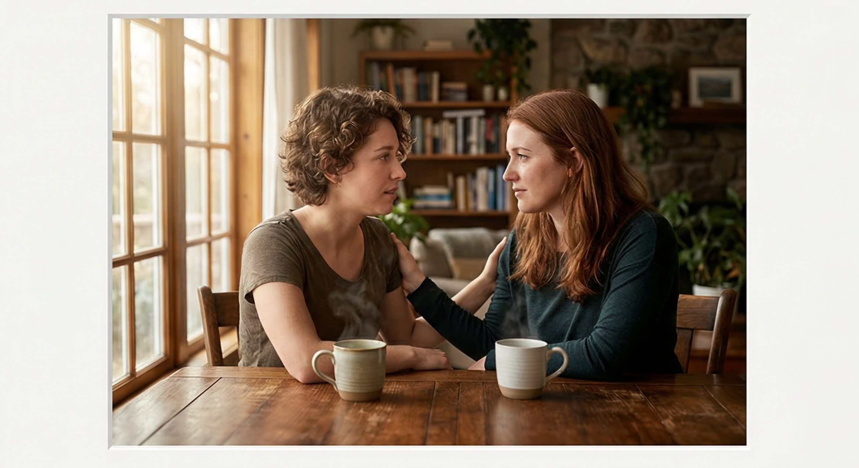Two friends having a deep emotional conversation over tea, illustrating the empathy aspect of the word dong and liaojie
