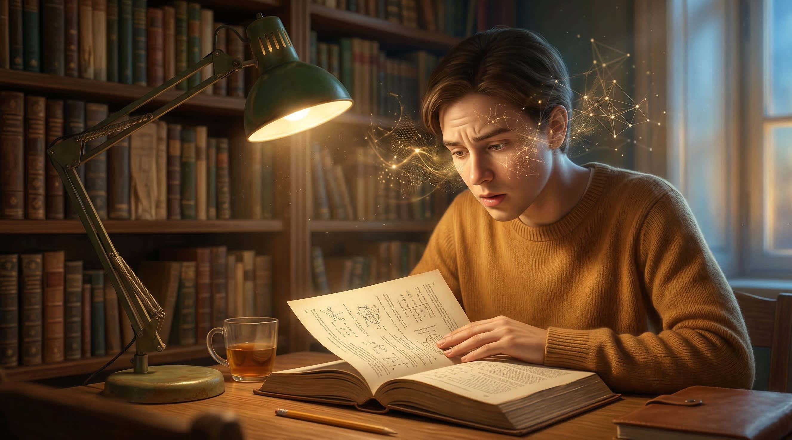 A student intensely reading a complex Chinese philosophy book and nodding in deep comprehension