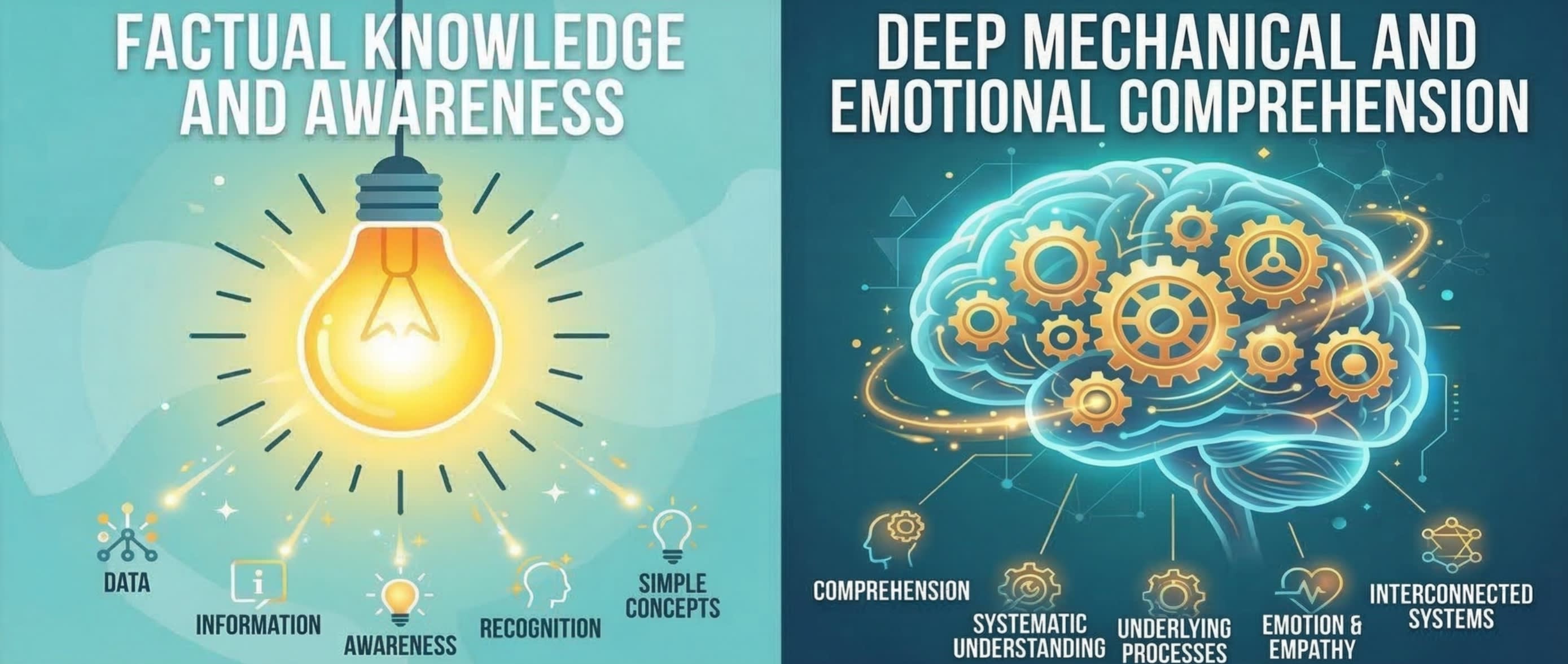 A split screen illustration showing a glowing lightbulb for knowing a fact on one side, and complex gears turning inside a brain for deep understanding on the other side
