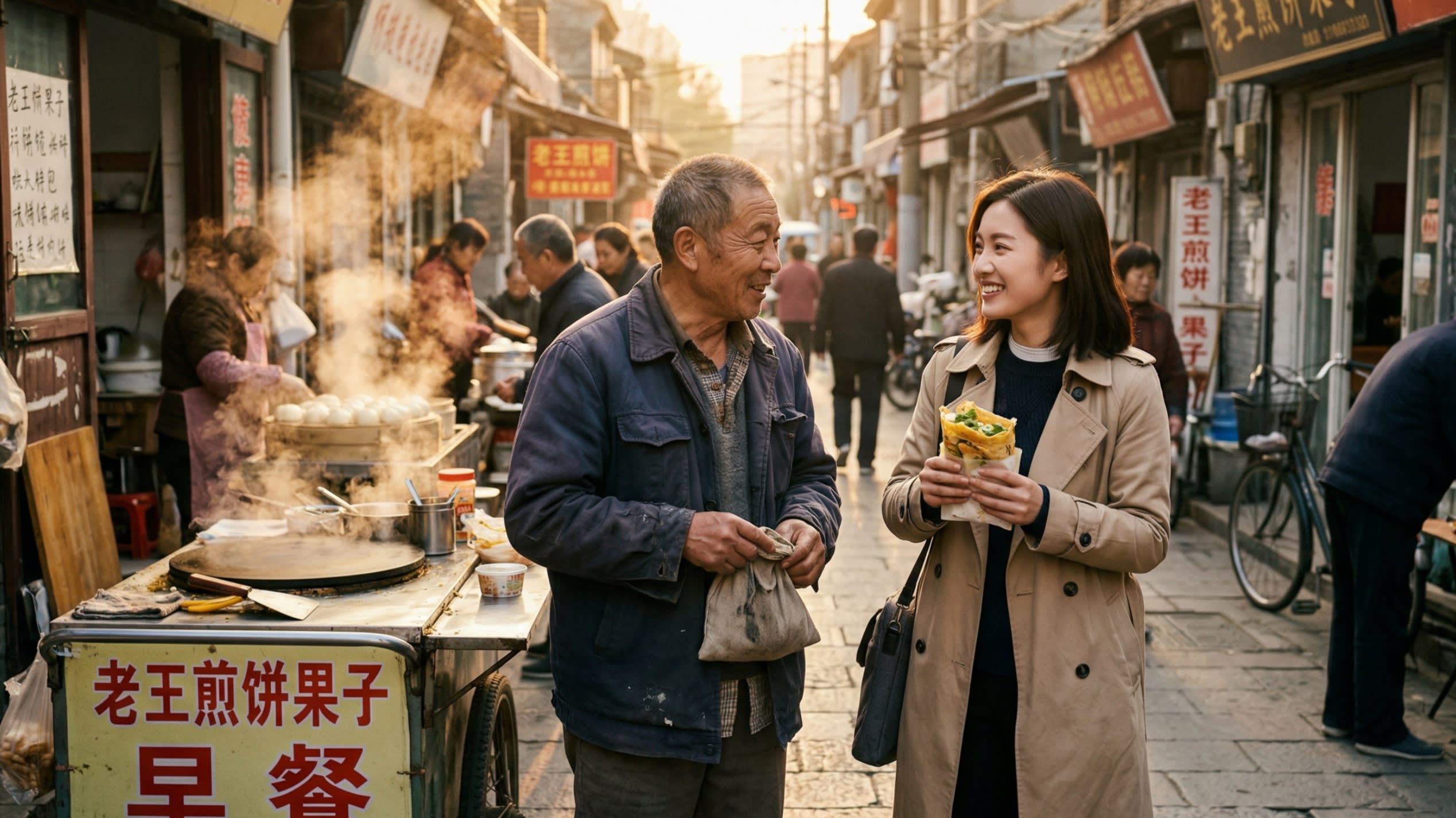 An atmospheric, warm photography shot of a classic Chinese morning street food scene. An older neighbor is casually chatting with a young professional holding a steaming Jianbing (Chinese crepe). They are exchanging the classic "Have you eaten?" greeting in a relaxed, everyday setting.