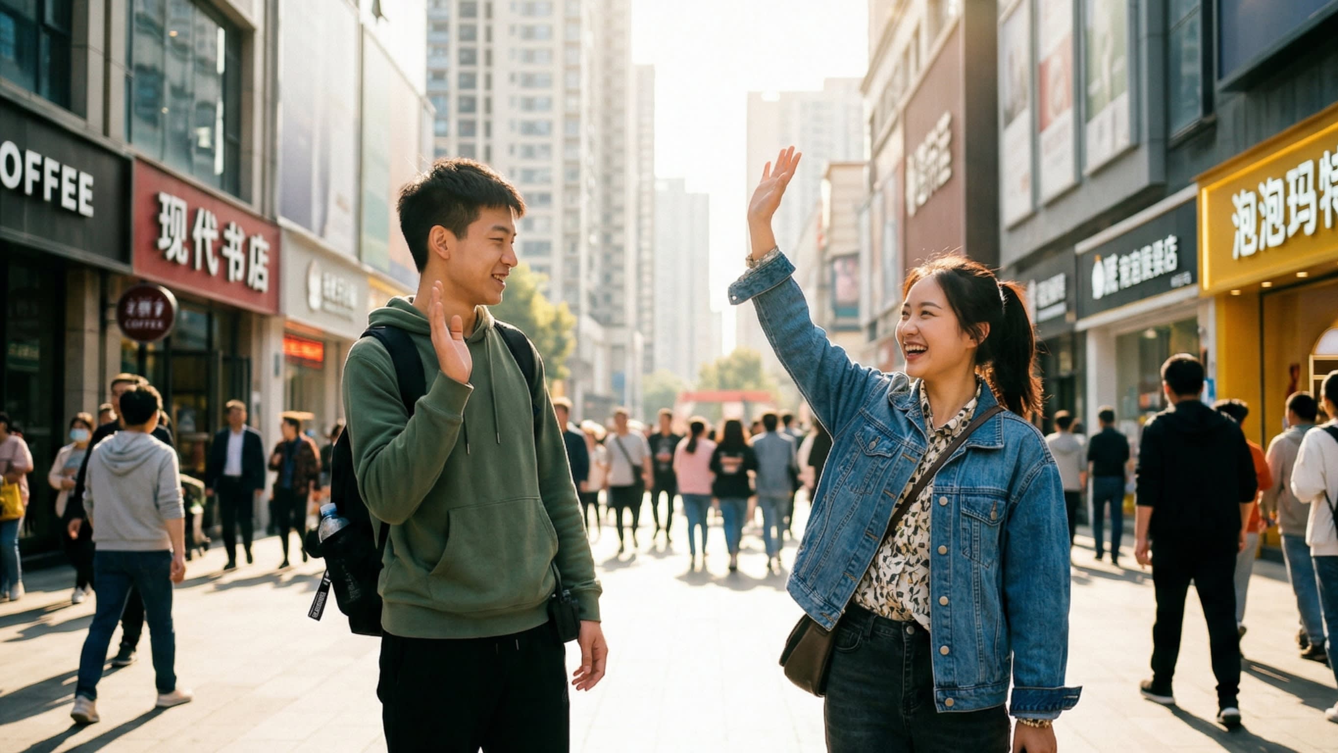 A cinematic, vibrant shot of two young Chinese friends accidentally bumping into each other on a bustling, sunlit street, waving casually and smiling. The scene is energetic and highly authentic, capturing a candid moment of everyday life in modern China.