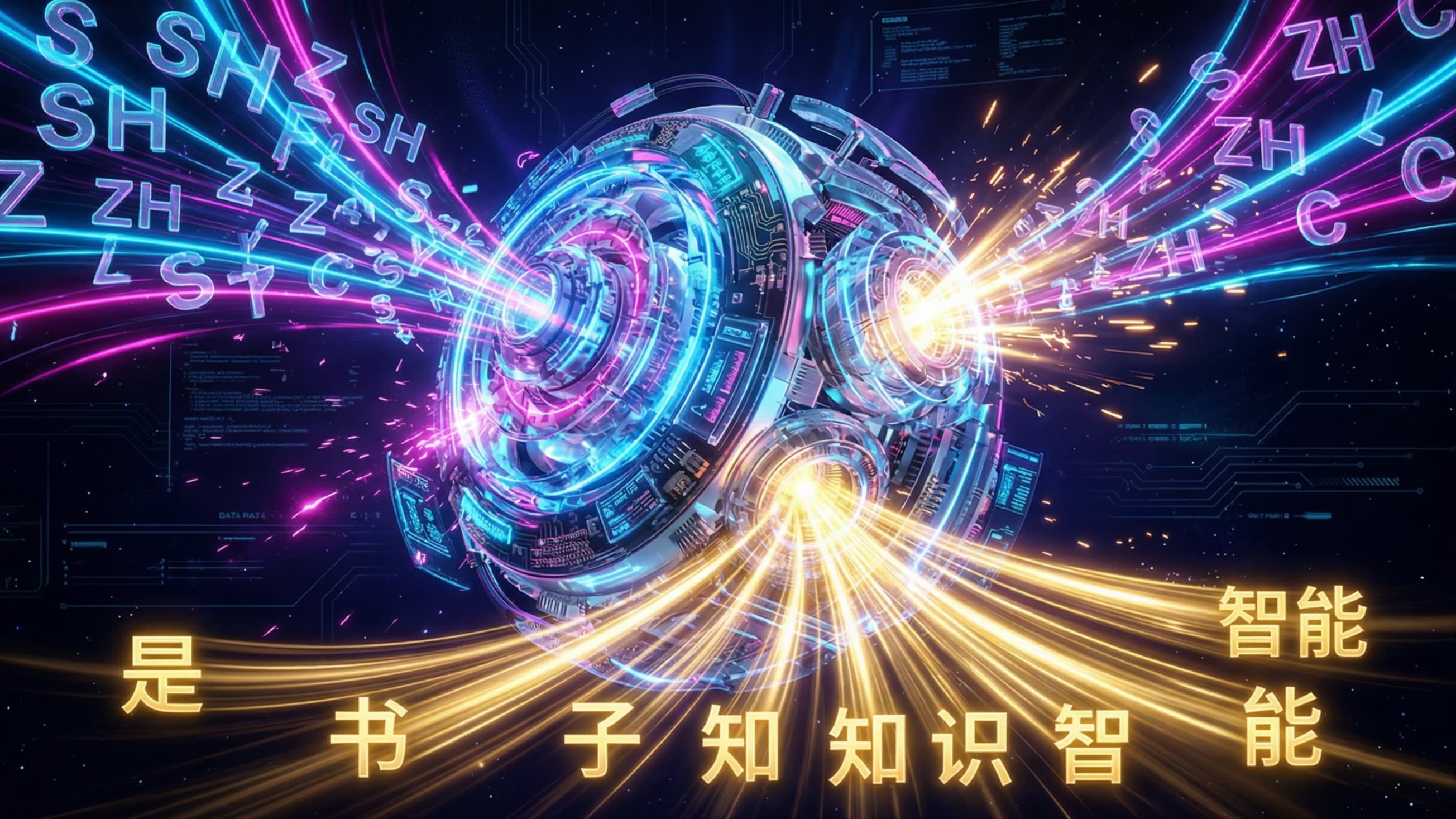A stunning 3D holographic digital interface representing the 'Fuzzy Pinyin' algorithm. Glowing English letters like 'S' and 'SH' are funneling into a central, futuristic AI core, which is correctly projecting perfect, golden Chinese characters into the air. The scene is hyper-detailed, cyberpunk-inspired, and visually spectacular.