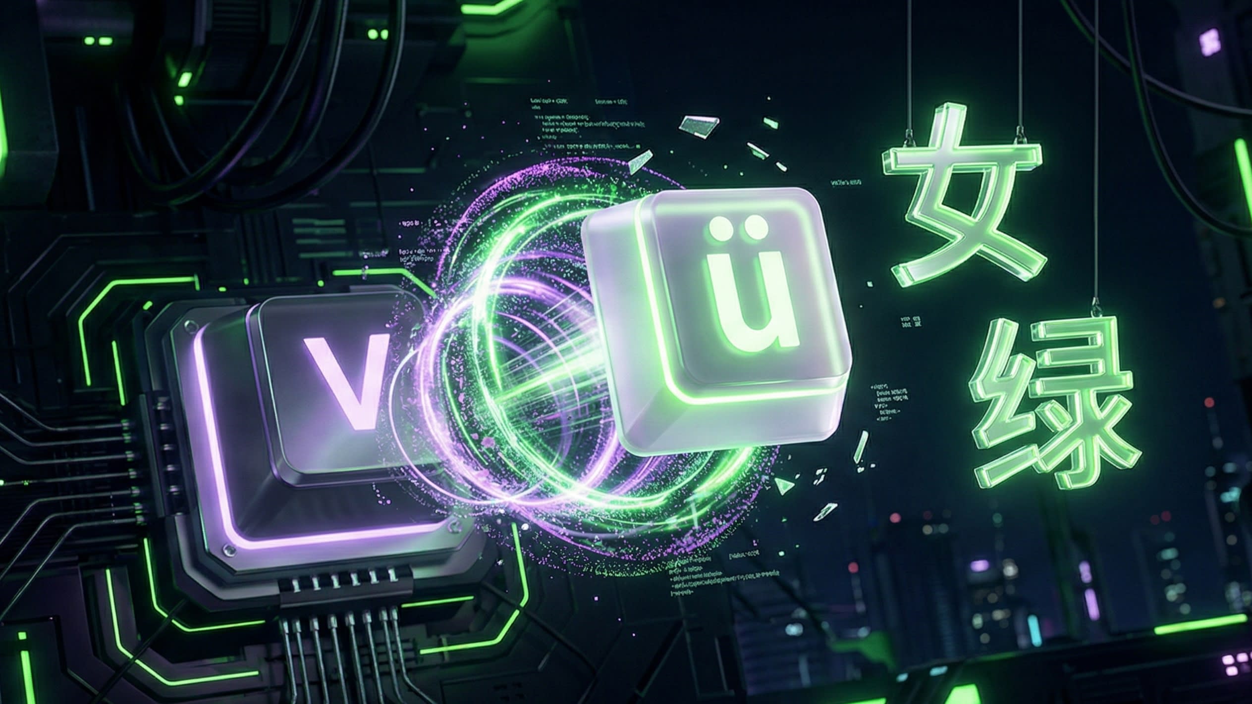 A clean, modern graphic showing an English keyboard key 'V' transforming through a glowing animation into the Pinyin letter 'ü', with the Chinese characters 女 and 绿 floating beside it.