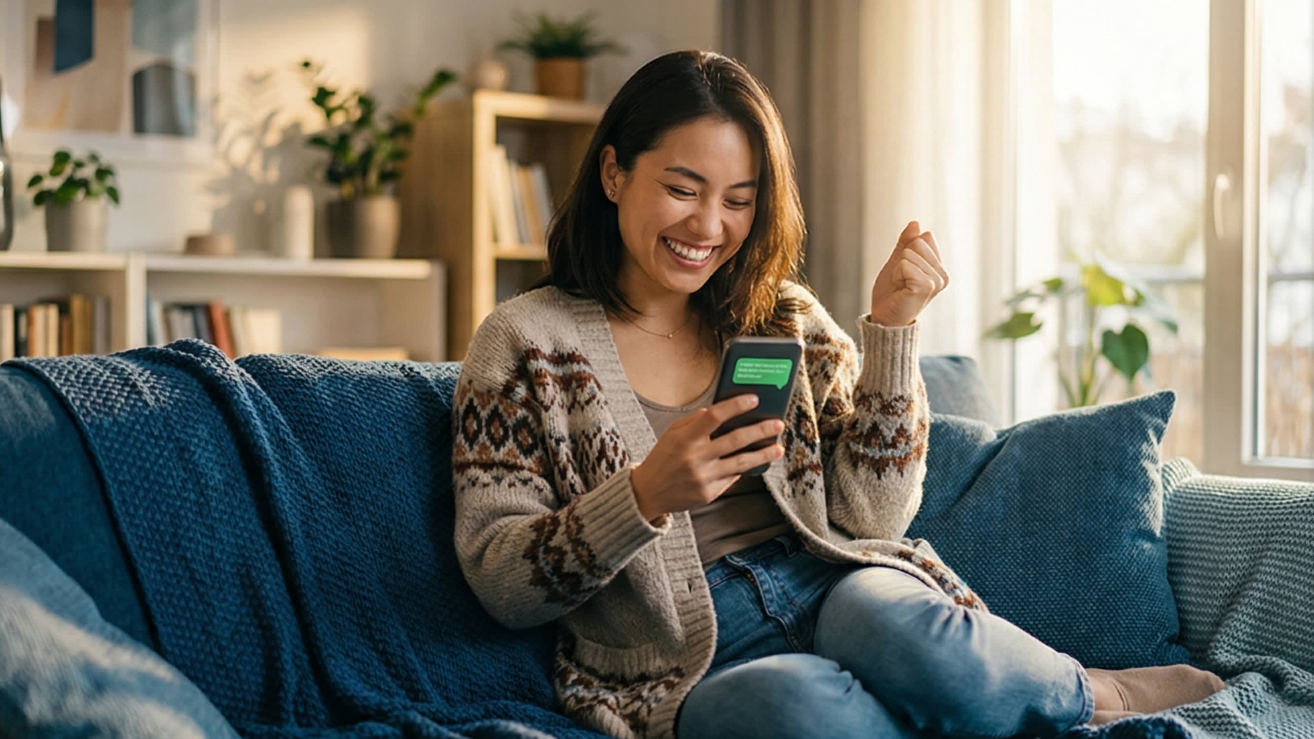 A candid, warm photography shot of an expat relaxing on a cozy sofa, smiling happily while texting on a smartphone, having just successfully negotiated a discount on a Chinese shopping app.