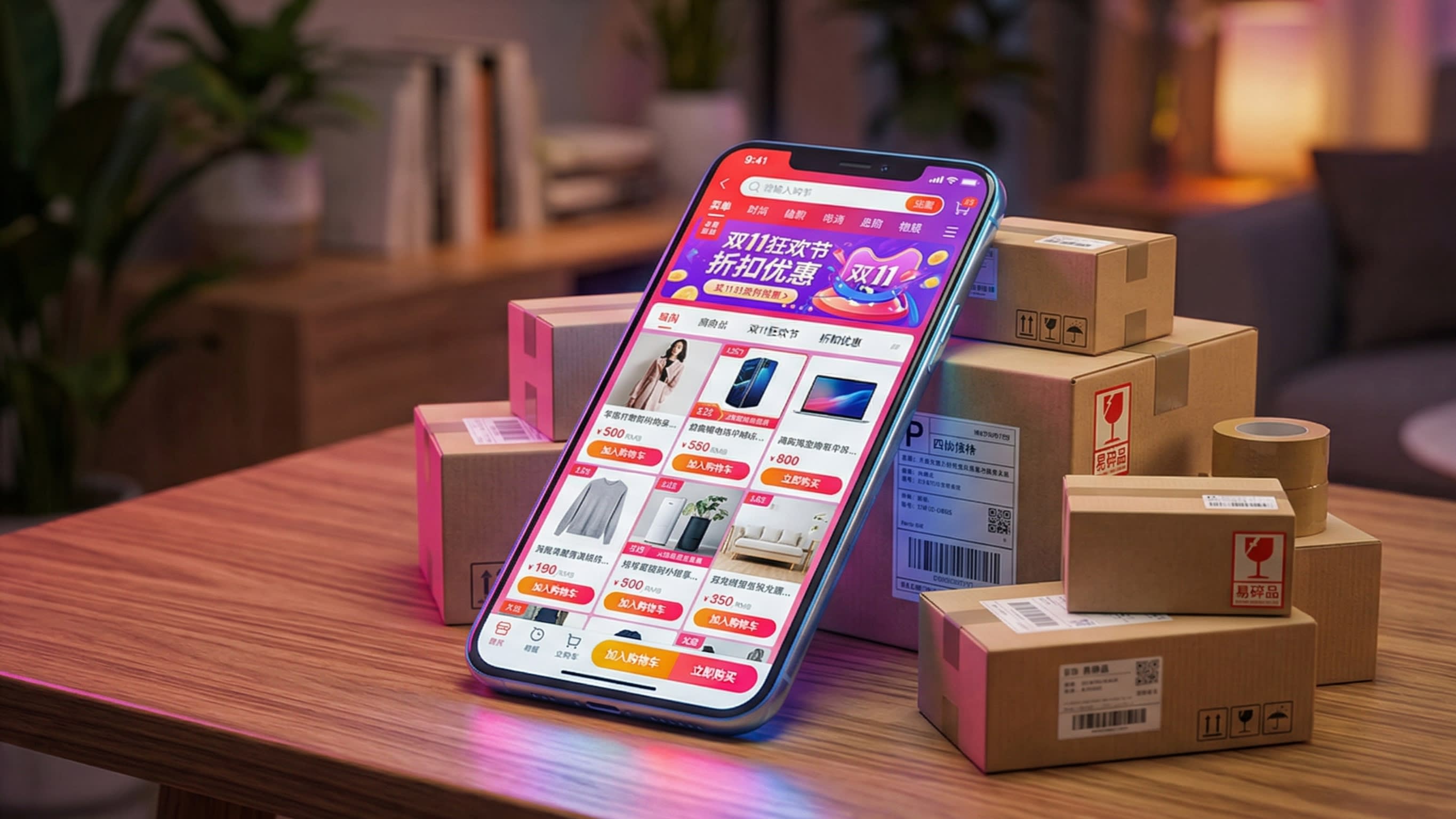 A vibrant, cinematic shot of a glowing smartphone screen displaying a Chinese e-commerce app, surrounded by beautifully packaged cardboard boxes and colorful neon lights reflecting off the surface.