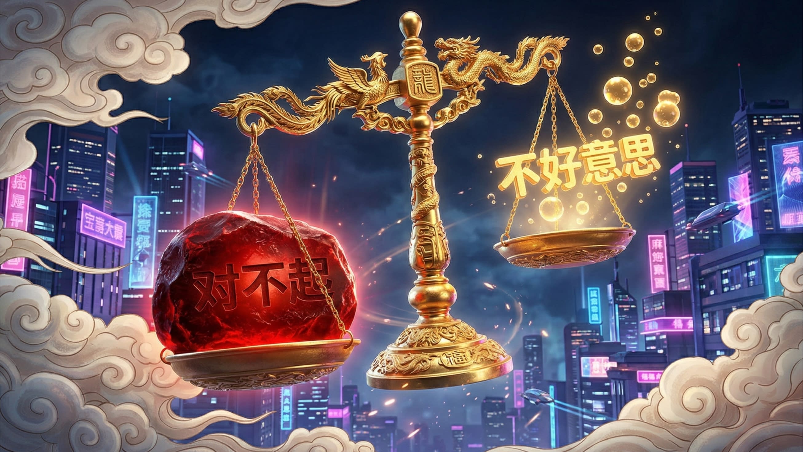 A breathtaking 3D digital illustration of an ancient Chinese balancing scale floating in a vibrant, futuristic neon atmosphere. On one side of the golden scale sits a massive, heavy, glowing red stone engraved with '对不起' (Duibuqi), pulling the scale down. On the other side, floating lightly like glowing, joyful bubbles, are the characters '不好意思' (Buhaoyisi). The background is a mix of cyberpunk city lights and traditional clouds, symbolizing the linguistic weight of the words.