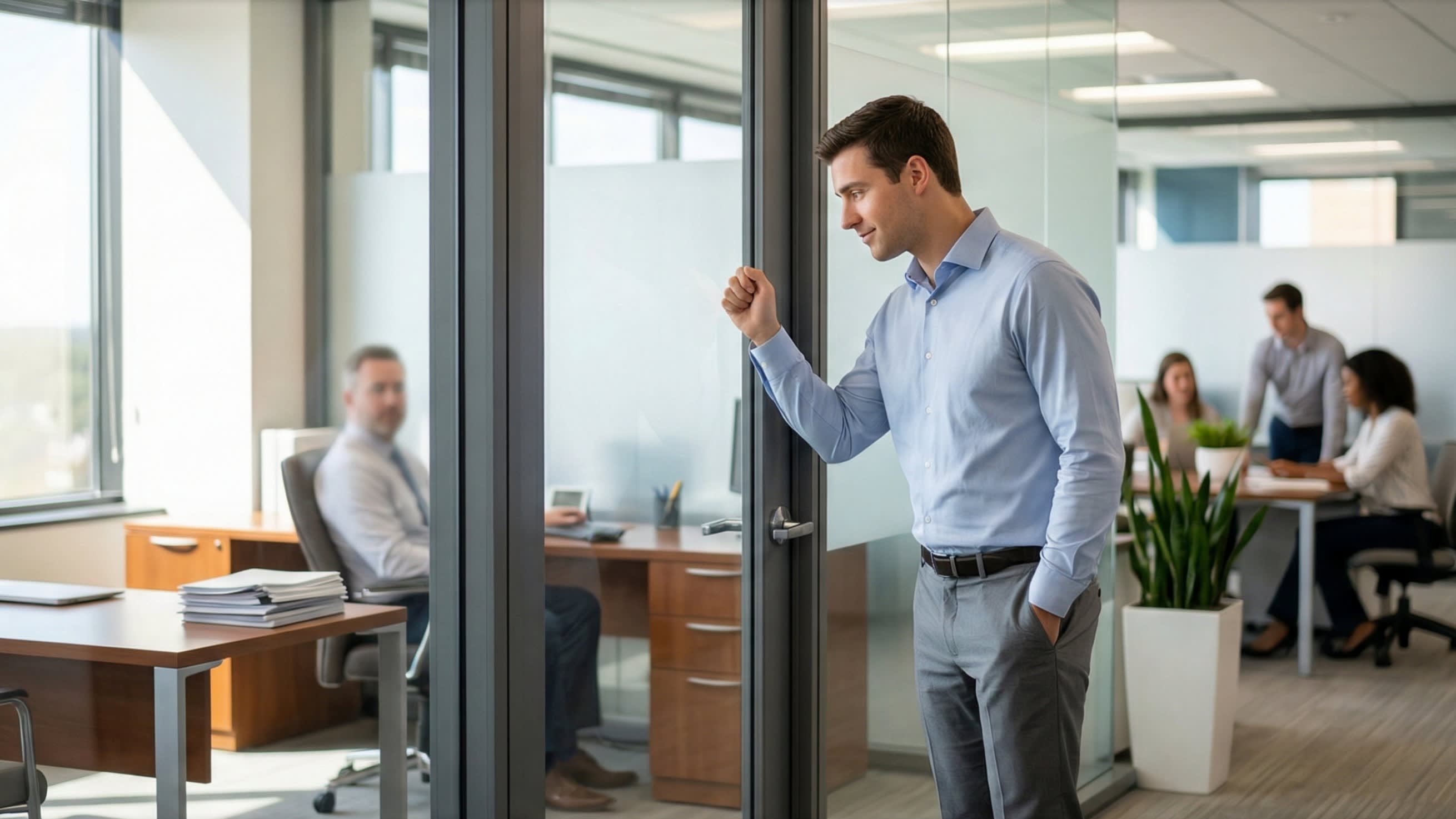 A crisp, bright shot of a modern office environment. A young professional is politely knocking on the open glass door of a manager's office, making a slight bowing gesture, perfectly illustrating the 'Darao yixia' (Excuse me to interrupt) concept.